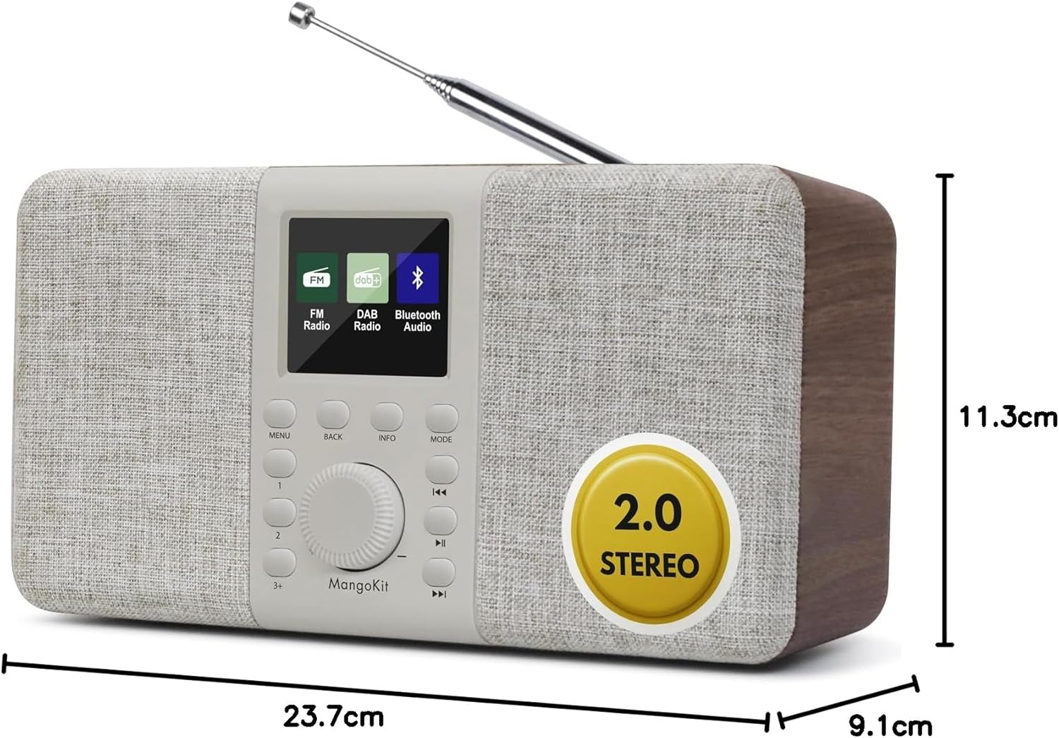 MD5 Stereo-DAB-Radio mit Bluetooth 5.3 und 2,4-Zoll-Farbdisplay, tragbares UKW-Digitalradio, 2.0-Stereo-Sound, 40 Speicherplätze, Alarme, Schlummer- und Schlaffunktion, USB-C-Netz- oder Batteriebetrieb (Walnuss) – Bild 7