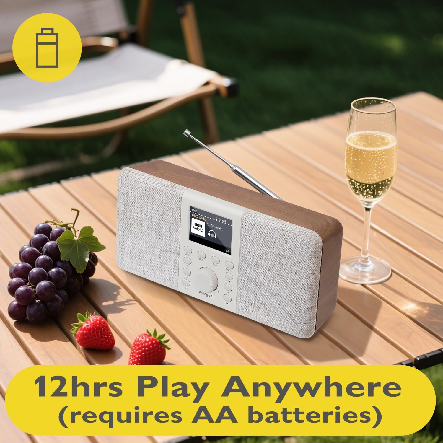 MD5 Stereo-DAB-Radio mit Bluetooth 5.3 und 2,4-Zoll-Farbdisplay, tragbares UKW-Digitalradio, 2.0-Stereo-Sound, 40 Speicherplätze, Alarme, Schlummer- und Schlaffunktion, USB-C-Netz- oder Batteriebetrieb (Walnuss) – Bild 5
