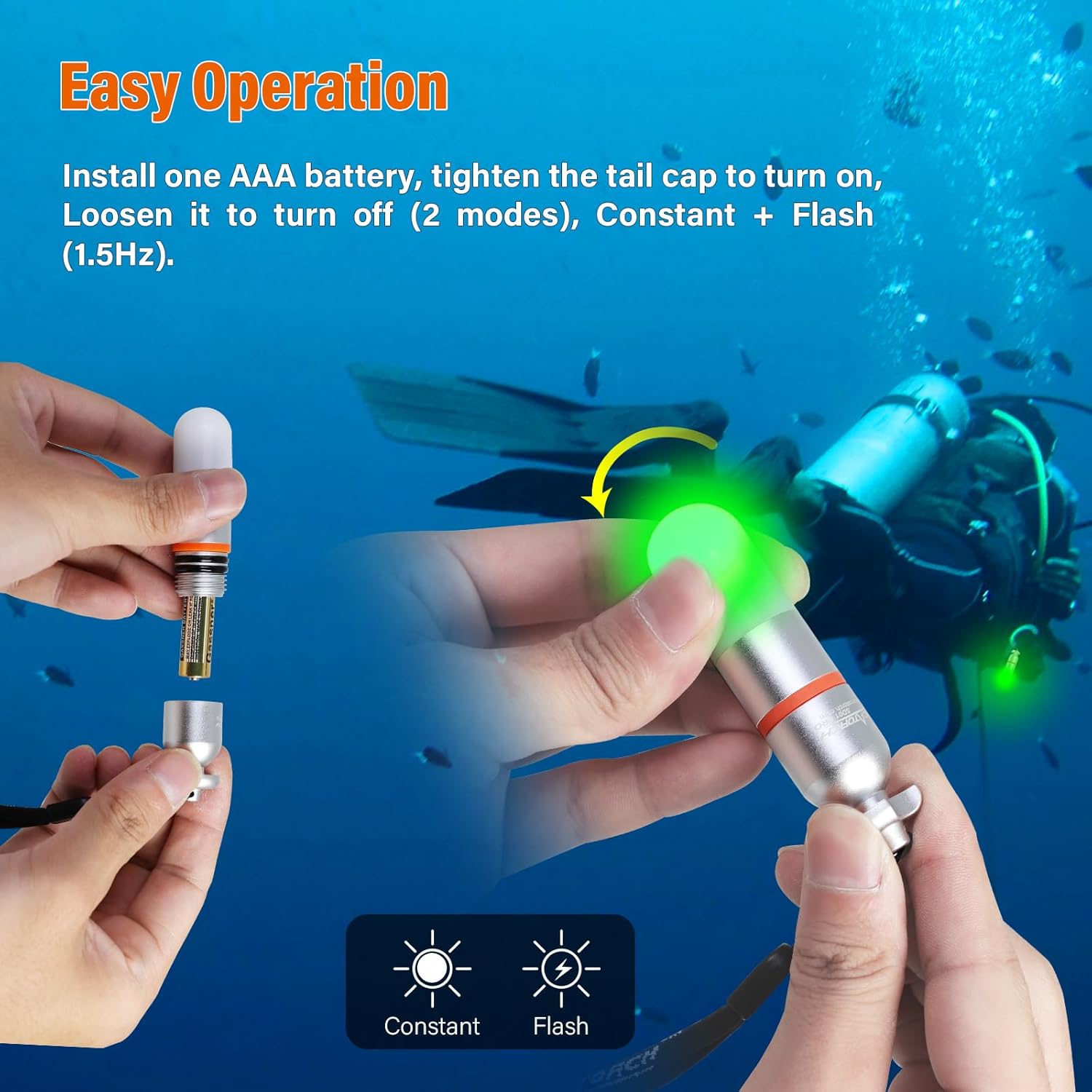 ORCATORCH SD01 Pro Mini Stroboskop-Signalleuchte, Tauchbake, Tauchen, Nachttauchen, LED-Markierung, Sicherheitslampe, Firefly-Tauchlampe mit AAA-Batterie für 150 m Unterwassertauchen (5 Farben Option), Grün – Bild 5