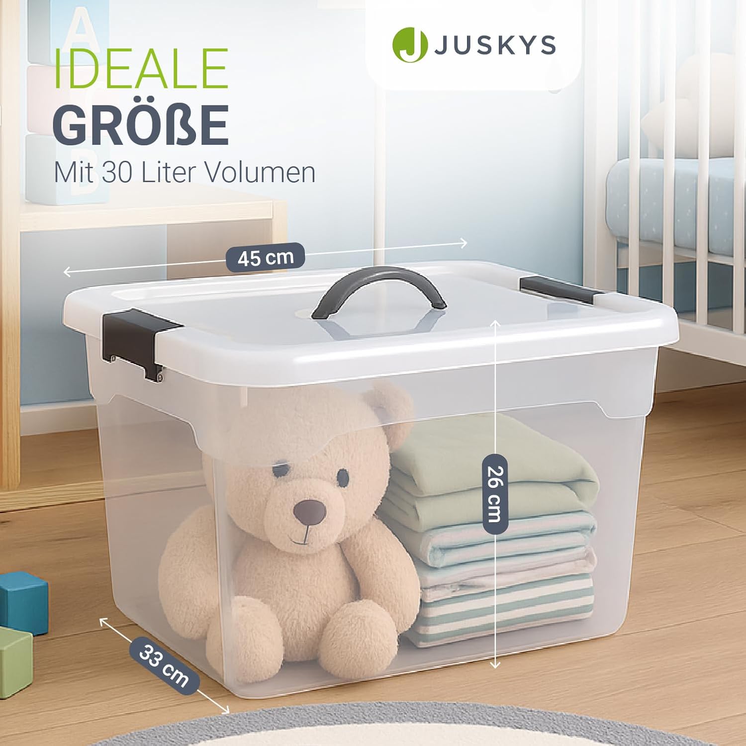 Juskys Aufbewahrungsbox mit Deckel, 6er-Set, Kunststoffboxen, 30 l, groß, stapelbar, transparent, Aufbewahrungs-Organizer-System, Aufbewahrungsboxen – Bild 3