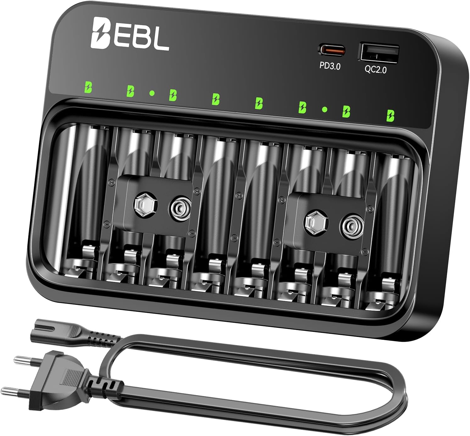 EBL Batterieladegerät für AA AAA 9V-Batterien, kompatibel mit NI-MH-Batterien, USB-C PD3.0 & Micro-USB-Eingang, Schnellladegerät