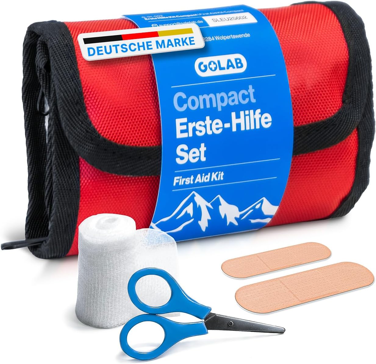 GoLab Mini Erste-Hilfe-Set mit 46 Teilen – Kompaktes Notfallset für Zuhause, Outdoor, Reisen, Camping & Sport – Erste-Hilfe-Ratgeber nach DGUV, geordnet in 3 Fächern 195 g, DIN-konforme Reiseapotheke