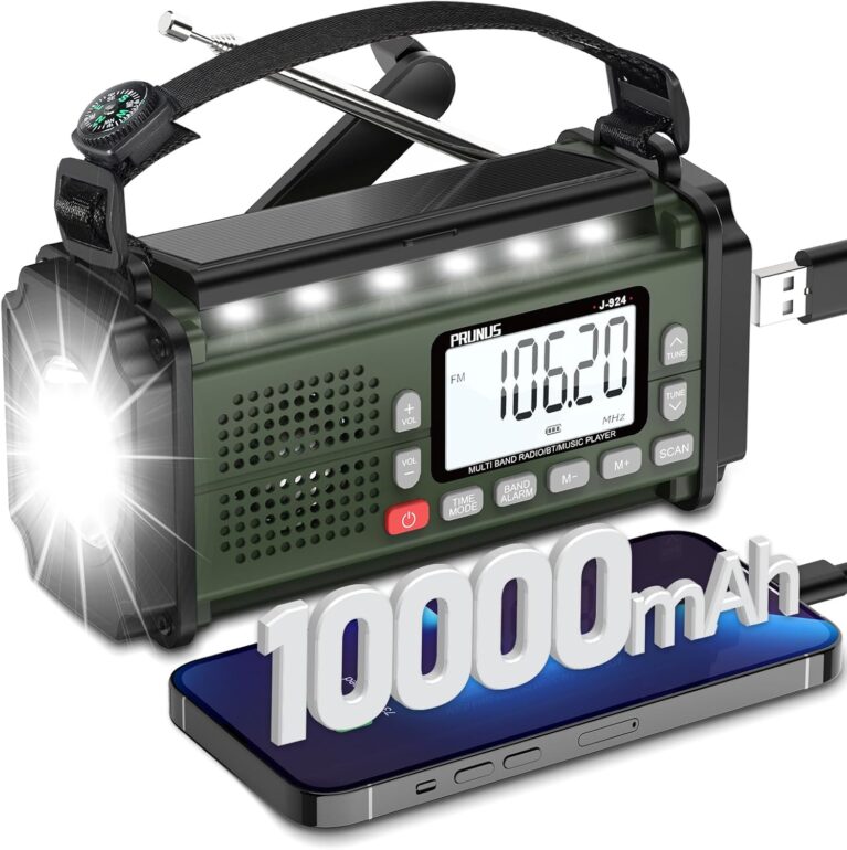 PRUNUS J-924S AM/FM/SW Kurbelradio Notfall-Weltempfänger, Notfallradio mit 10.000 mAh Akku, Solarradio-Überlebensausrüstung mit Taschenlampe/SOS-Alarm/Handy-Ladefunktion für Ourdoor, Blackout, Notfall.