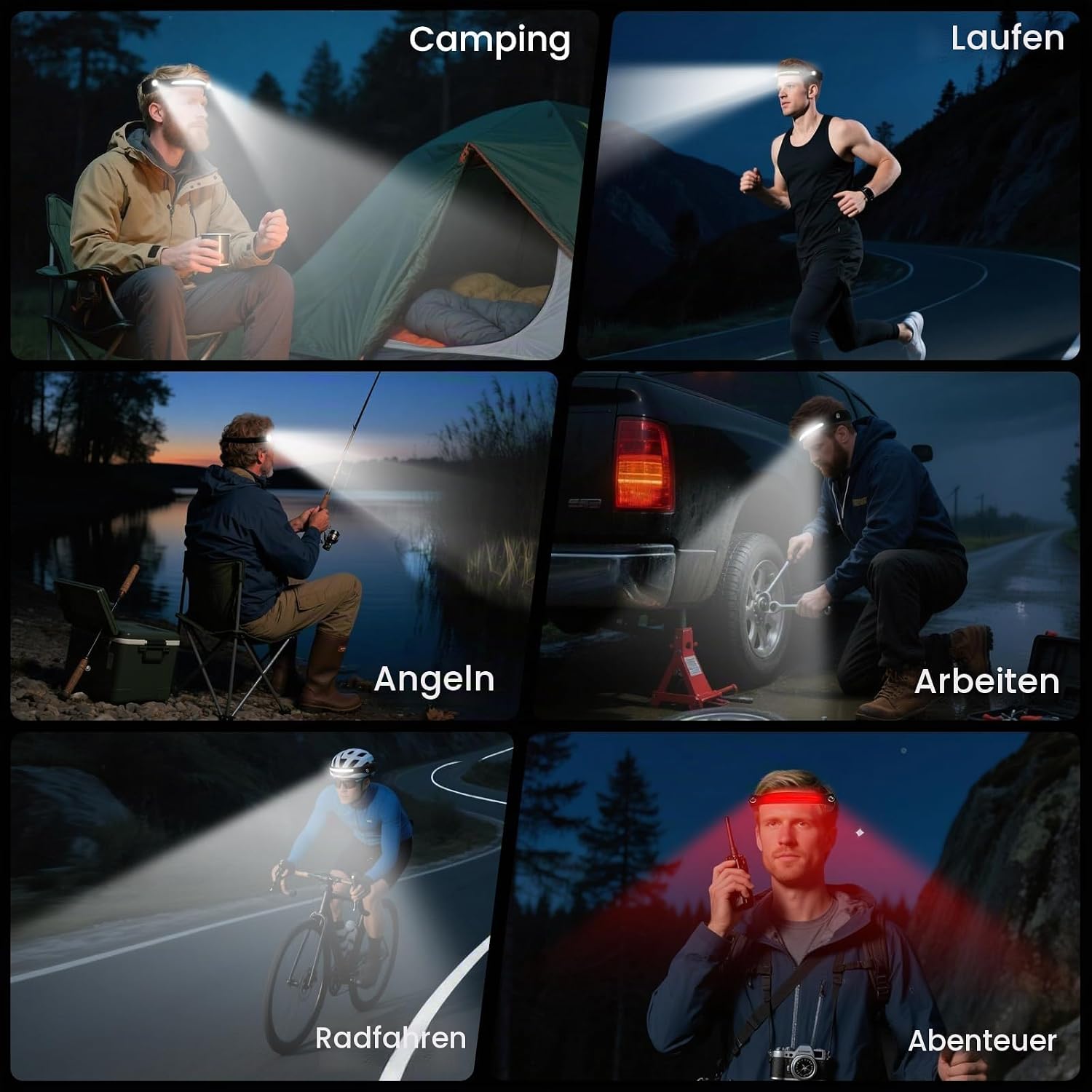 Stirnlampe LED wiederaufladbar 2 Stück mit rotem Licht 2 x PE 260° Breitstrahl Stirnlampe wiederaufladbar 8 Modi verstellbar IPX5 wasserdicht Stirnlampen für Erwachsene Kinder Joggen leicht – Bild 7