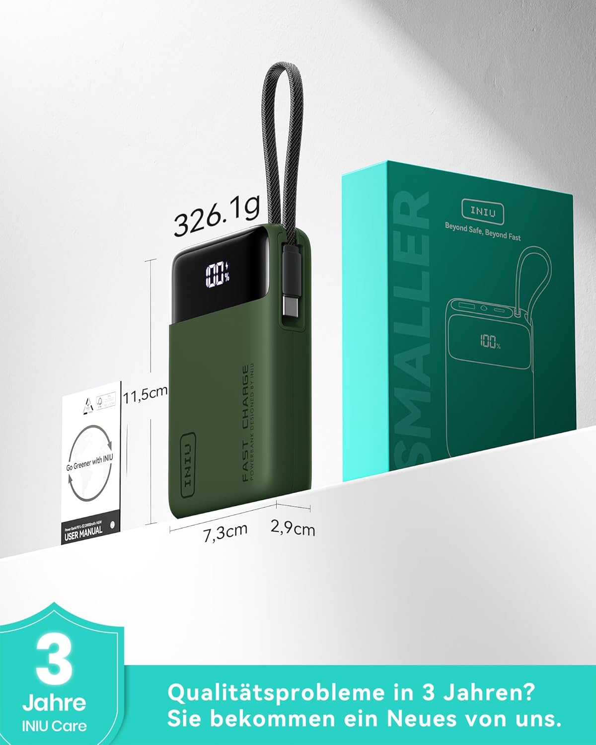 INIU 45W Powerbank, ultrakleine 20000mAh Powerbank mit integriertem USB-C-Kabel, Schnellladung externer Handy-Akkus für Camping, Wandern, Outdoor-Aktivitäten, Festival-Nutzung, Grün – Bild 8