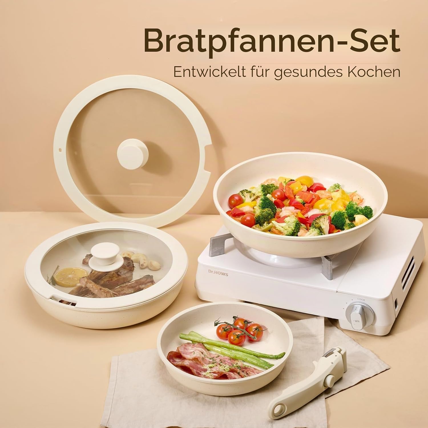 JEETEE Pfannenset 6-teilig mit abnehmbaren Griffen und Deckel, Antihaft-Kochgeschirrset, Pfanne 20/24/28 cm, stapelbares Topfset für alle Herdarten, ofenfest, Beige – Bild 7