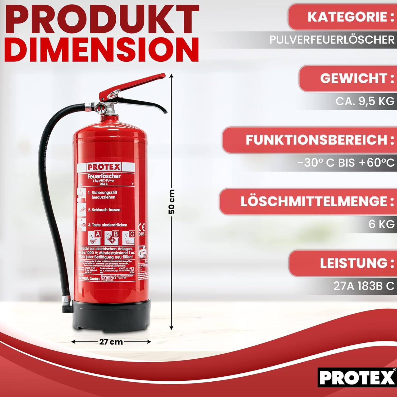 Pulver-Feuerlöscher Protex 3 – Protex Pulver-Feuerlöscher – 6 kg – für Brandklassen ABC – zertifiziert nach DIN EN 3 und CE – je 9,5 kg – mit praktischer Halterung – mit Prüfplakette – hergestellt in der EU – Bild 2