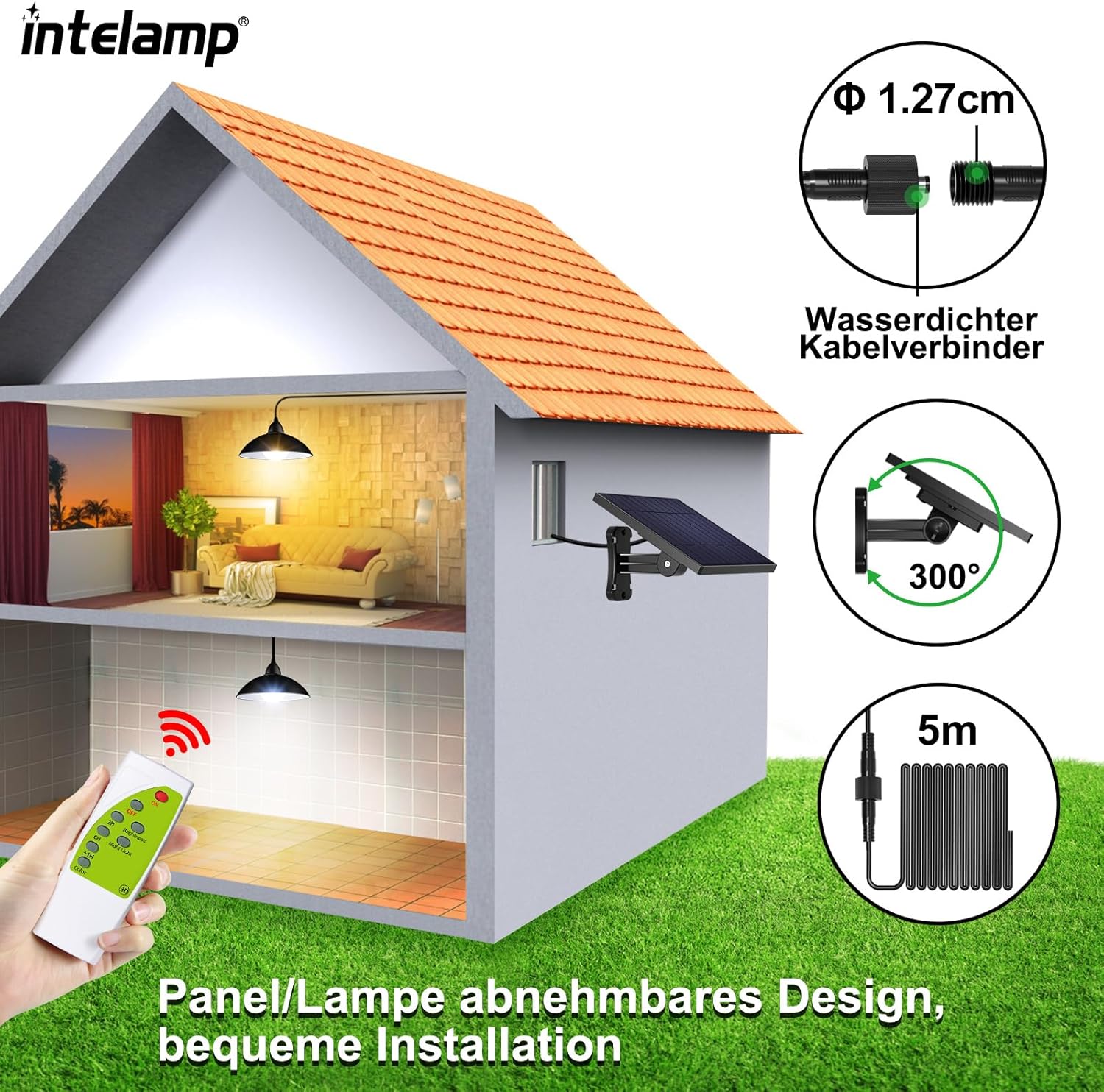 INTELAMP Solarleuchten zum Aufhängen im Innenbereich, LED-Solar-Hängeleuchten mit Fernbedienung, wasserdichte Solarleuchten, Pendelleuchte für Zelte, Pavillons, Lagerhäuser, Hühnerställe mit 5 m Kabel – Bild 3