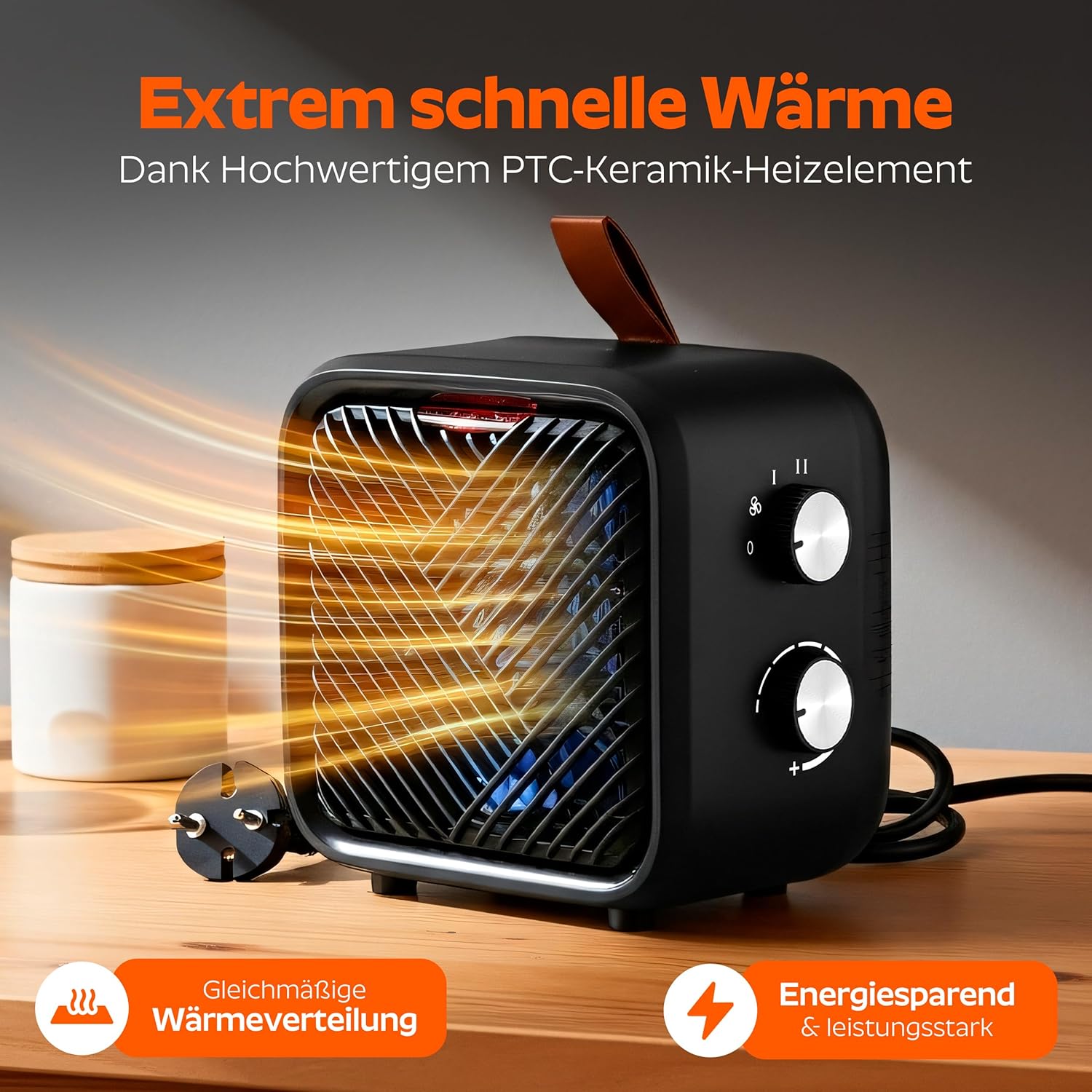 ONBEST 3-in-1-Keramik-Elektroheizlüfter – Elektroheizung, kleiner und leiser Heizlüfter mit Thermostat (1000/1500 W + 4 W Lüfter), energiesparende elektrische Heizung/Heizlüfter für den Innenbereich – Bild 5