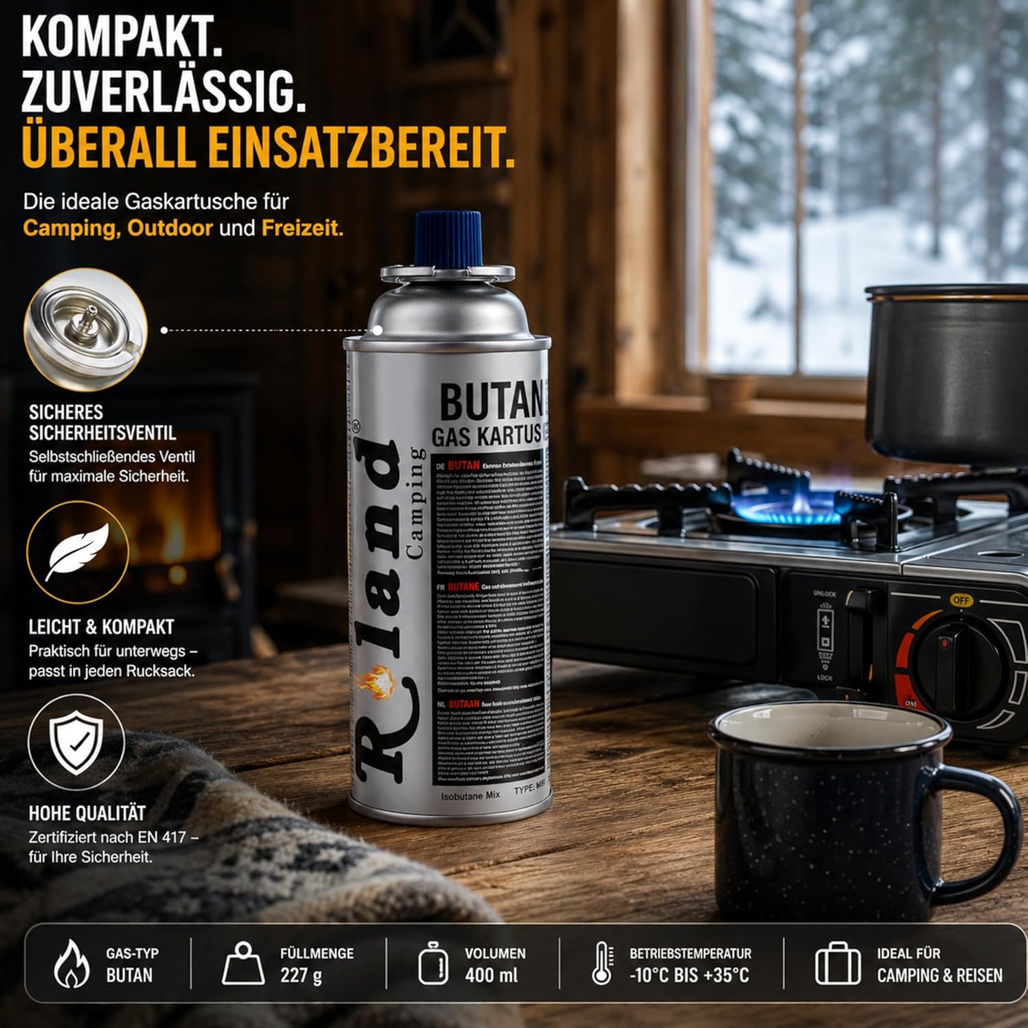 Roland Camping Butan-Gaskartusche 227 g – Packung mit 28 Gaskartuschen für Schweißbrenner, Gaskocher, Lötbrenner und Heizgeräte, hochwertiges Butangas mit oder ohne Gasbrenner (28 Stück) – Bild 4