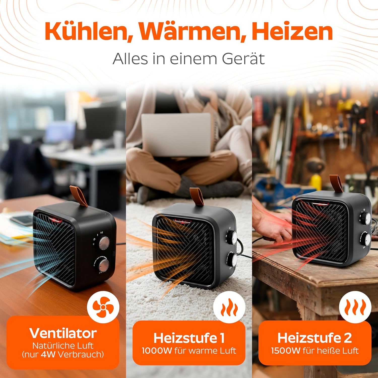 ONBEST 3-in-1-Keramik-Elektroheizlüfter – Elektroheizung, kleiner und leiser Heizlüfter mit Thermostat (1000/1500 W + 4 W Lüfter), energiesparende elektrische Heizung/Heizlüfter für den Innenbereich – Bild 3