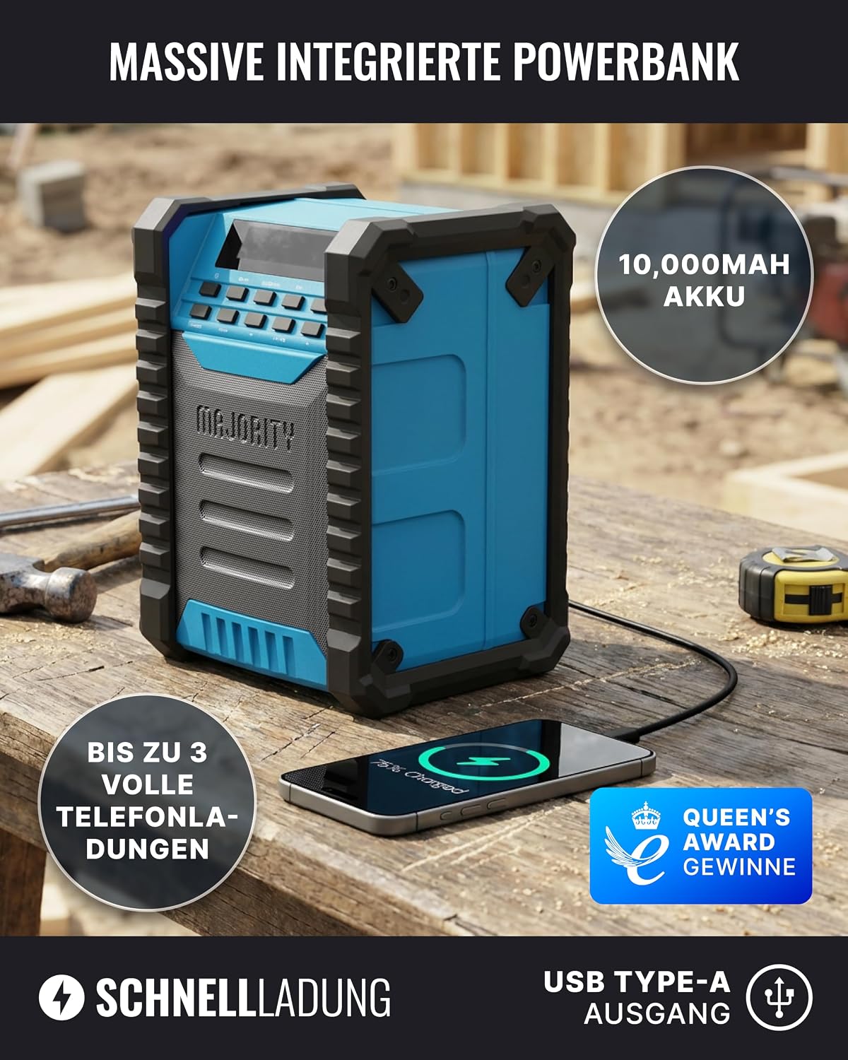 MEHRHEIT Landbeach Construction Site Radio | DAB-Radio mit Bluetooth für die Baustelle | 10.000-mAh-Akku und USB-Powerbank | 28 Stunden Akkulaufzeit | IP54 Staub- und wasserdichtes DAB Plus- und UKW-Radio – Bild 2