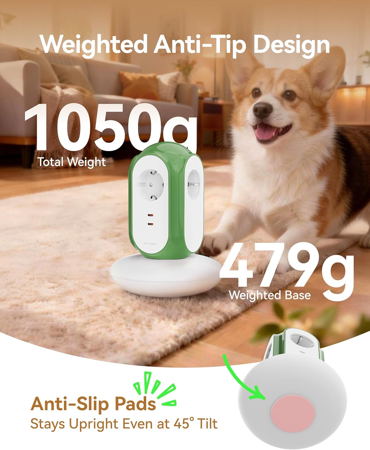 MiaoLab Steckdosenleiste mit 3 Steckdosen und 2 USB-C (30 W Schnellladung), 3680 W/16 A, 1420 J Überspannungsschutz, 479 g Basis, 2 m Verlängerungskabel, Überlastschutz, kompatibel mit Typ C/E/F – Bild 7