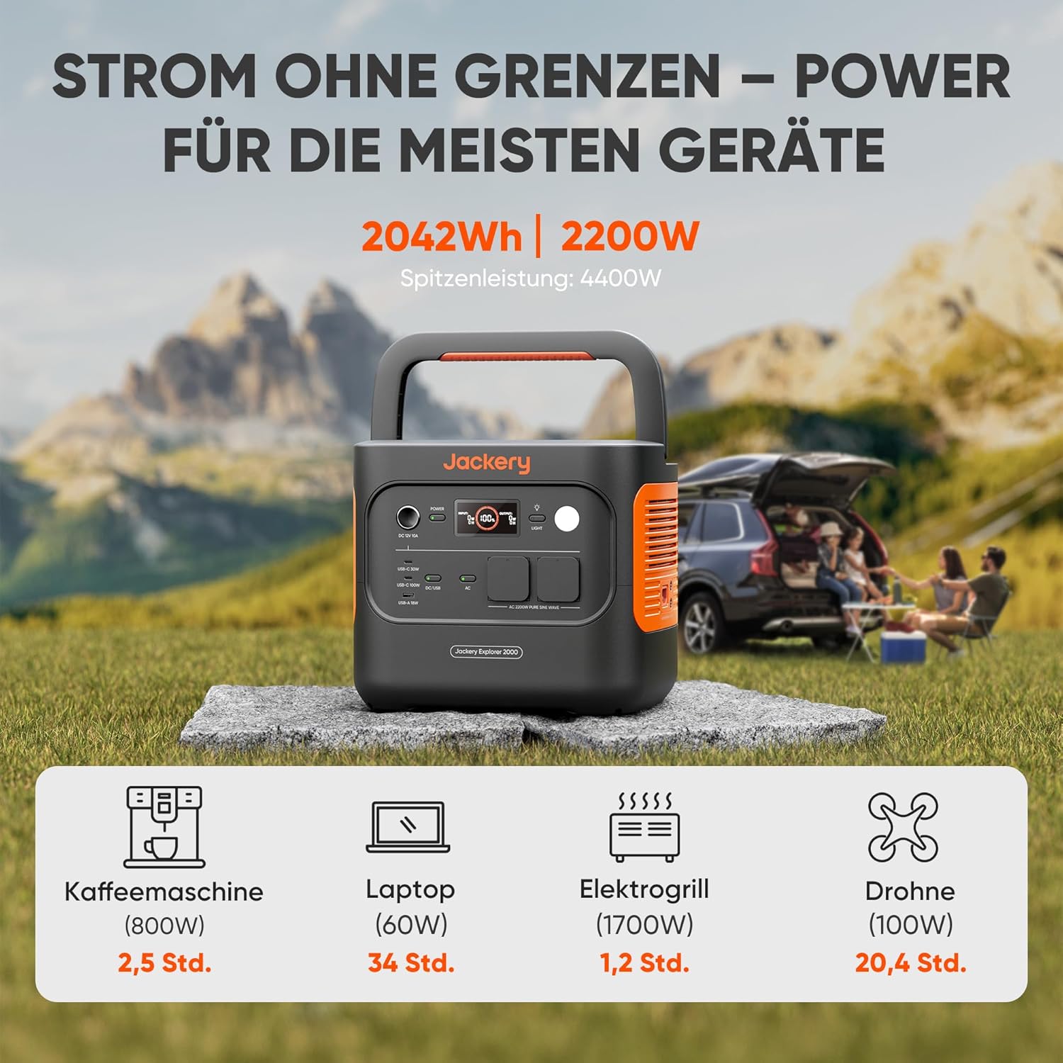 Jackery E2000 v2 Tragbares Kraftwerk, LiFePO4-Akku, 2042 Wh Solargenerator mit 2200 W Leistung (max. 4400 W), Schnellladung von 0–80 % in 52 Minuten für Notfall, Camping, Wohnmobil – Bild 2