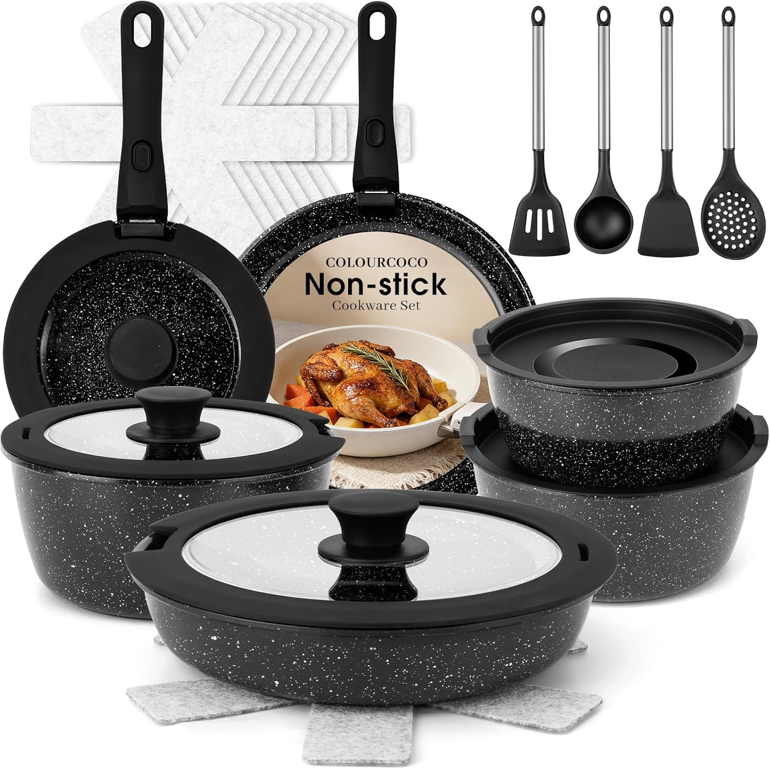 25-teiliges Induktionstopf-Set, antihaftbeschichtetes Kochgeschirr mit abnehmbarem Griff, ofenfest und für alle Herdarten geeignet, ideal für Zuhause, Camping und Picknick (schwarz)