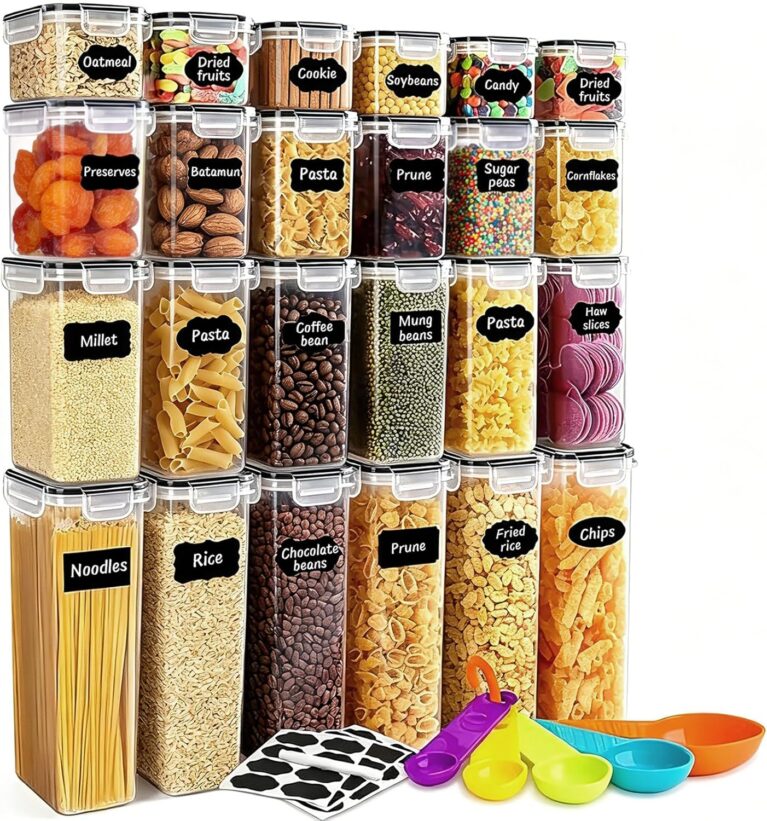 24 luftdichte Frischhaltedosen mit Deckel, Kunststoffbehälter für Küche und Organisation, Müsli, Mehl und Zucker, BPA-frei, inklusive Löffel, Etiketten und einem Stift