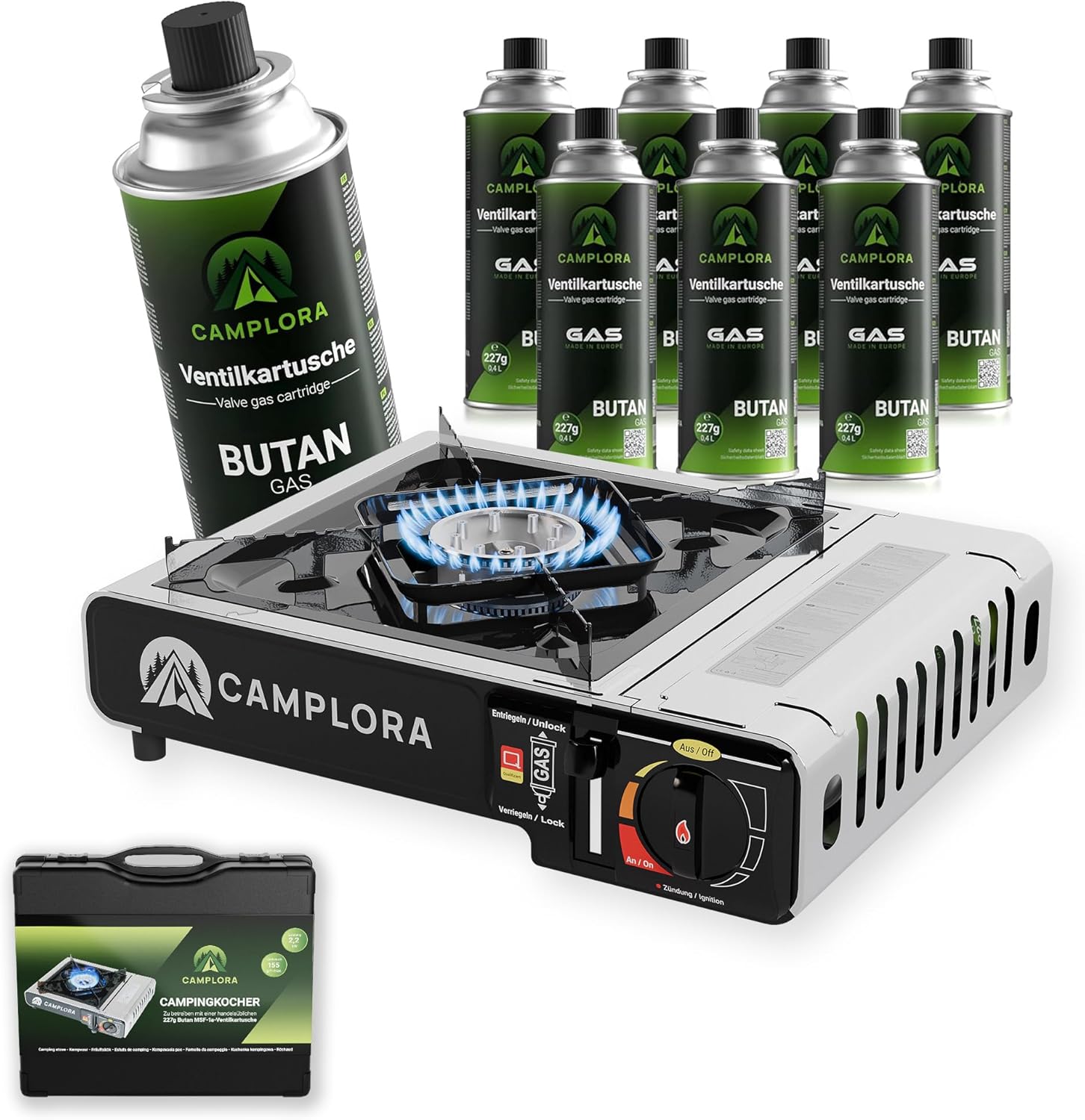 CAMPLORA Gaskocher für MFS-1a-Kartuschen inklusive Tragetasche mit Piezo-Zündung – Campingkocher 2,2 kW – inklusive Sicherheitsabschaltung