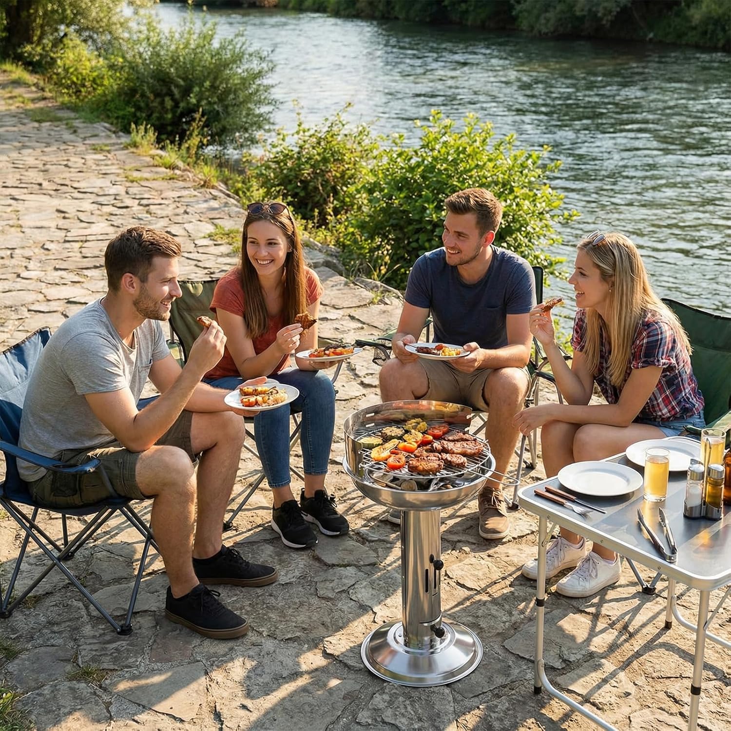 TLGREEN Edelstahl-Holzkohlegrill, Säulengrill, wetterfest, 40 x 40 x 69 cm, 3-fach höhenverstellbar, Premium-Edelstahlgrill mit verchromtem Grillrost, Aschenbecher und Belüftung, für Outdoor, Camping, Grillen – Bild 4