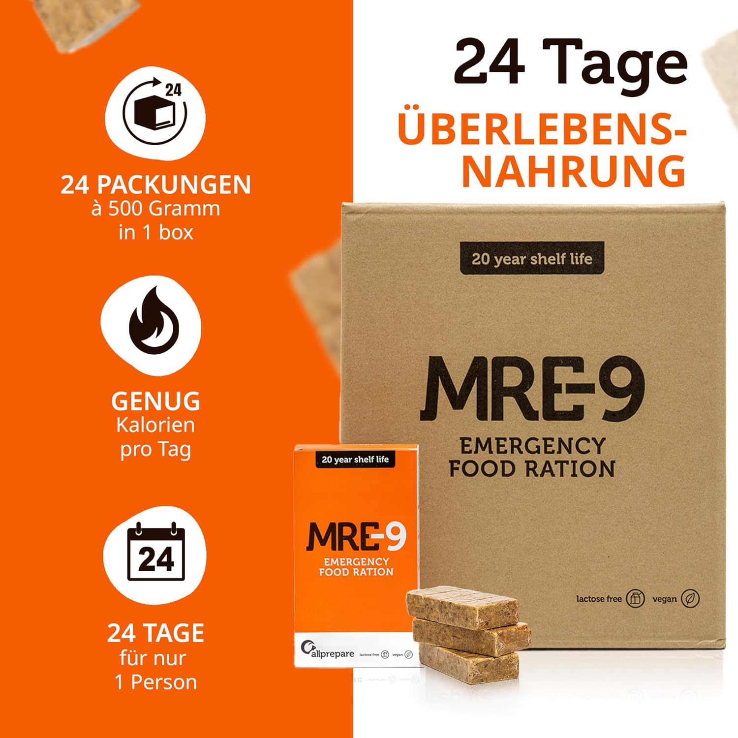 MRE-9 Notfallration, 24 Tage Notfallnahrung, 20 Jahre Haltbarkeit, 24 x 500 g Notfallnahrung, 2400 kcal pro Tag, zusätzliche Vitamine – Bild 4