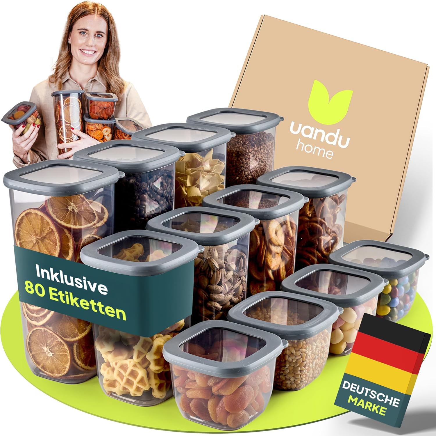uandu Vorratsdosen mit Deckel, luftdicht – Set mit 12 Vorratsbehältern, BPA-frei, Küchen-Vorratsdosen für Müsli, Mehl und Zucker, mit Etiketten