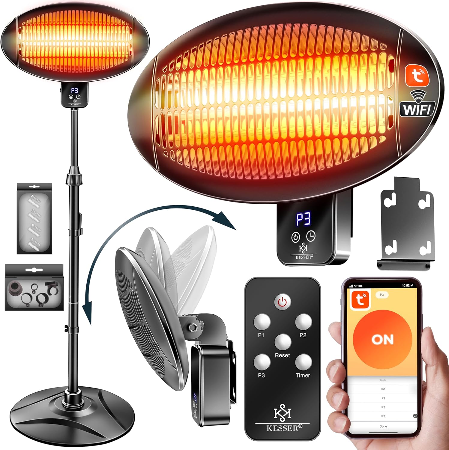 KESSER Infrarotheizung 2000W Terrassenheizer mit WLAN & Fernbedienung 360° drehbar, höhenverstellbar, Stand- & Wandmontage, Kippschutz, IPX4 spritzwassergeschützt, Heizstrahler Balkon und Garten