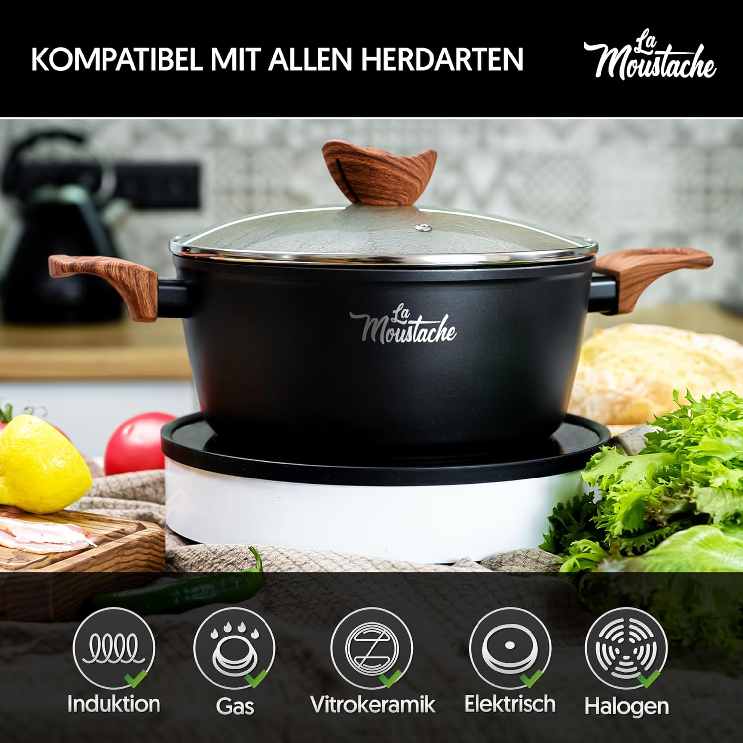La Mustache – 8-teiliges Aluminium-Kochgeschirr-Set mit E-Book, Antihaftbeschichtung, 3 Töpfen, 3 Glasdeckeln und 2 Bratpfannen für alle Herdarten einschließlich Induktion, PFOA/PFOS-frei (Callao) – Bild 5