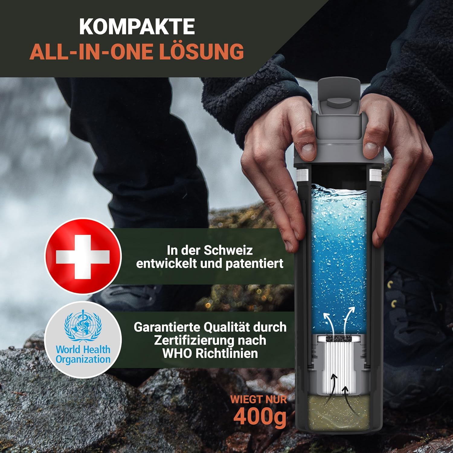 Bachgold Professionelle Wasserfilterflasche für den Außenbereich (500 ml), 1500 l Filterkapazität, entfernt 99,99 % der Bakterien, filtert Mikroplastik, Partikel und Chlor, verdunkelungs- und krisensicher (schwarz, 500 ml) – Bild 2
