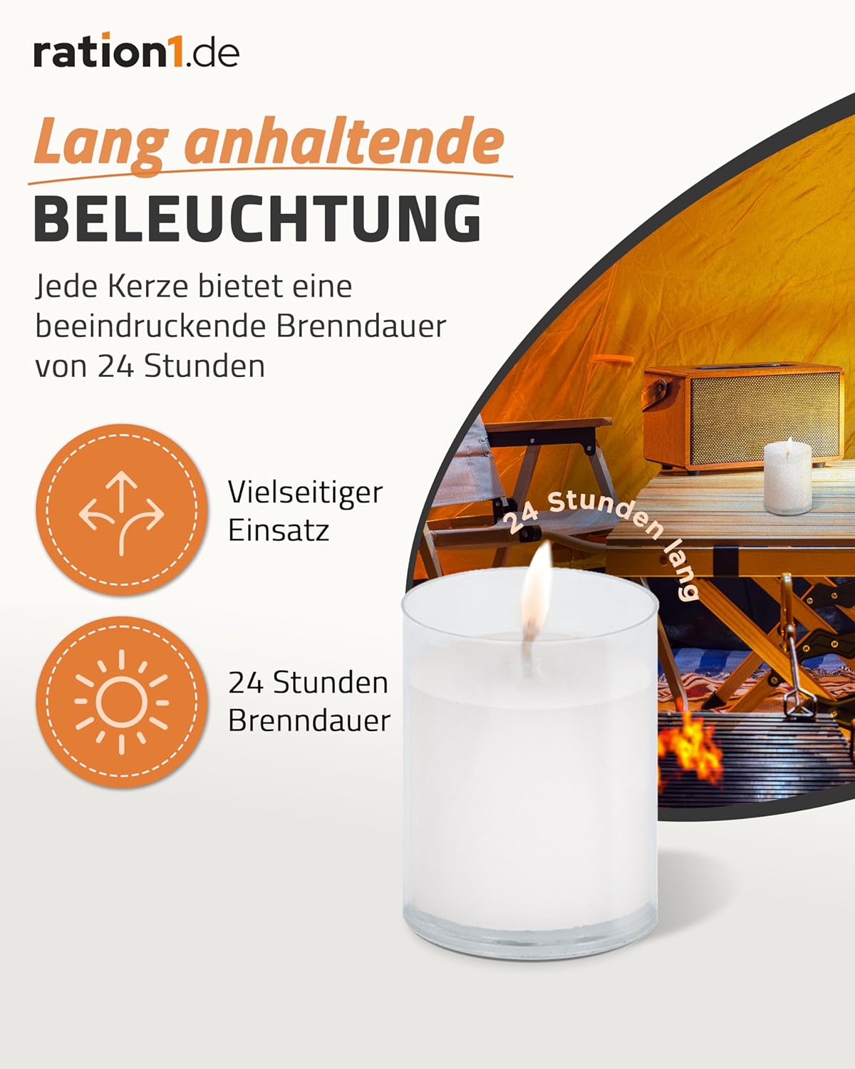 ration1.de 25 Kerzen, Teelichter groß, 24 Stunden Brenndauer, weiß, transparent, Lichtset unparfümiert, im klaren Kunststoffglas, ohne Duftstoffe, rußfrei, Dekoration für drinnen und draußen, Gastro, Party – Bild 2