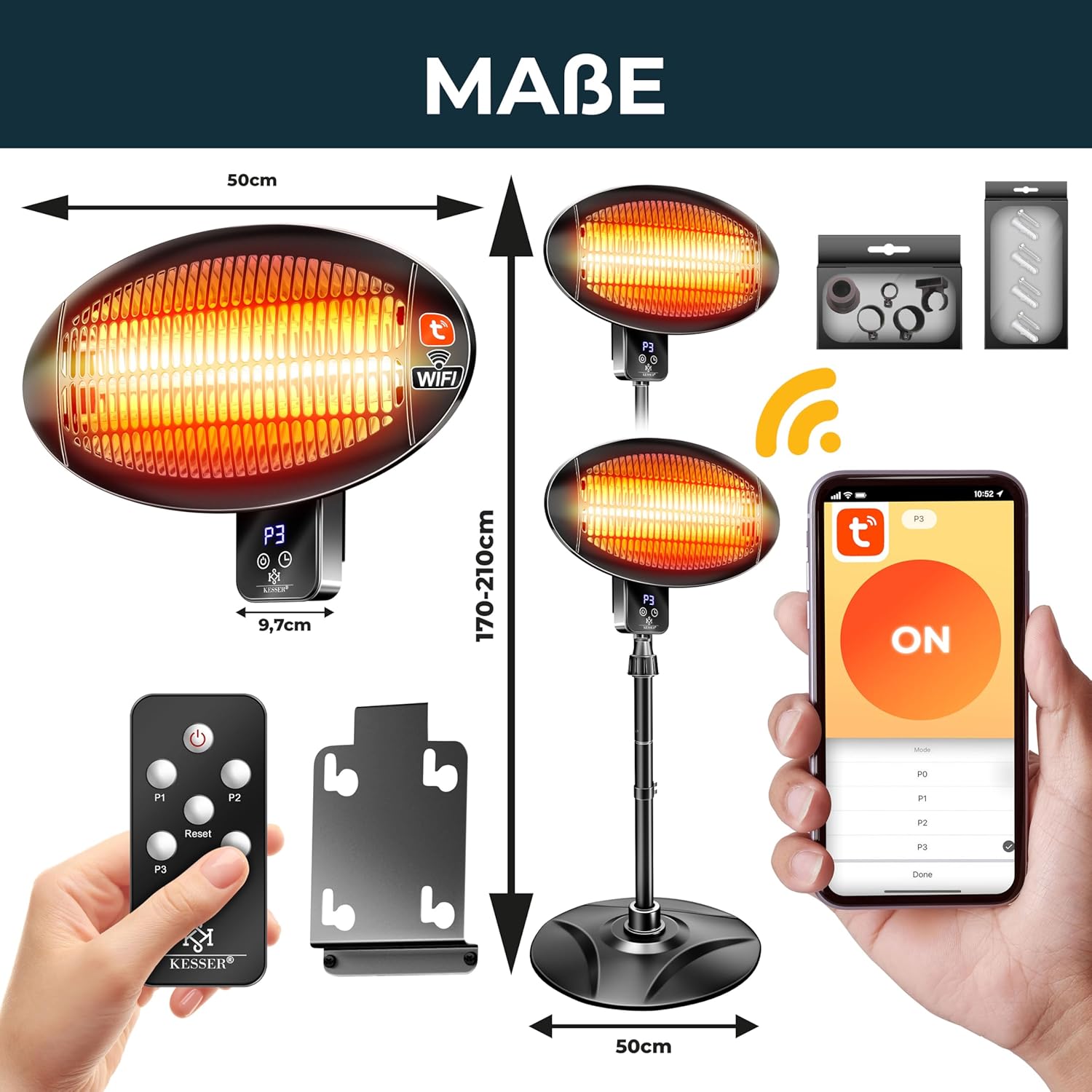 KESSER Infrarotheizung 2000W Terrassenheizer mit WLAN & Fernbedienung 360° drehbar, höhenverstellbar, Stand- & Wandmontage, Kippschutz, IPX4 spritzwassergeschützt, Heizstrahler Balkon und Garten – Bild 4