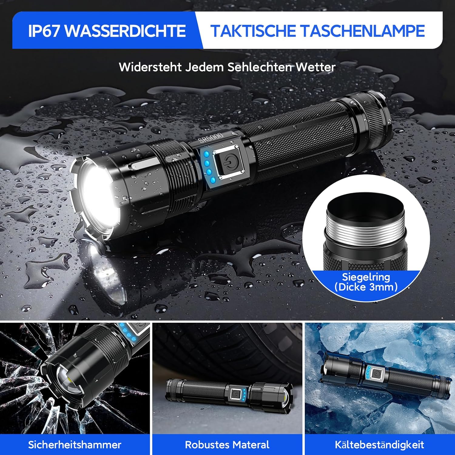 BUCASA XHP70.2 LED wiederaufladbare Taschenlampe, 1000.000 Lumen, LED-Taschenlampe, extrem hell, batteriebetrieben, USB, starke taktische Taschenlampen, IP67 wasserdicht, 5 Modi, Taschenlampe für Notfälle im Freien – Bild 5