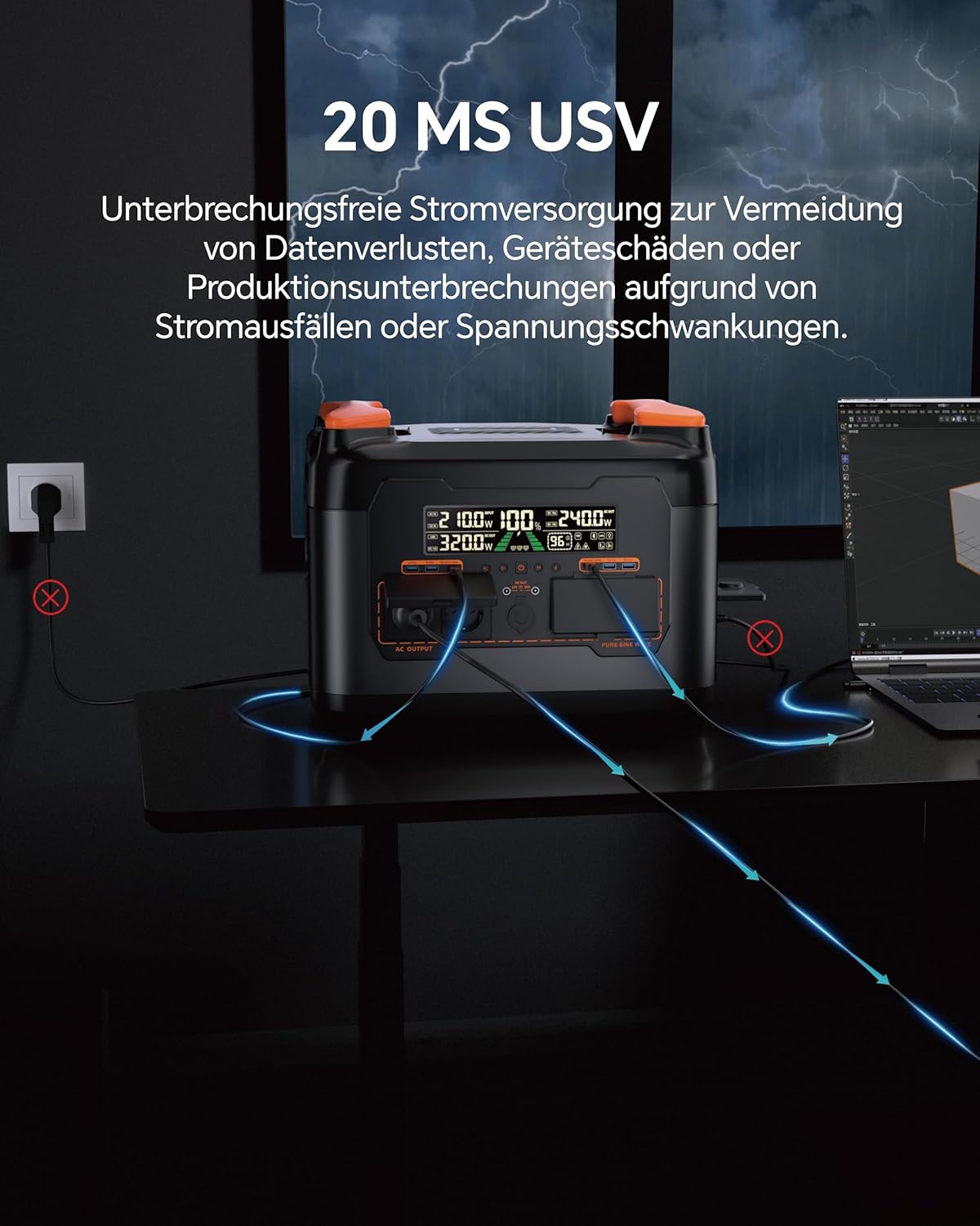 Tragbares Kraftwerk S2400, 2048 Wh/2400 W LiFePO4-Akku, 4 x AC-Ausgänge, 1,5 Stück Schnellladung, mobile Stromversorgung, MPPT 600 W Solargenerator für Heimcamping – Bild 5