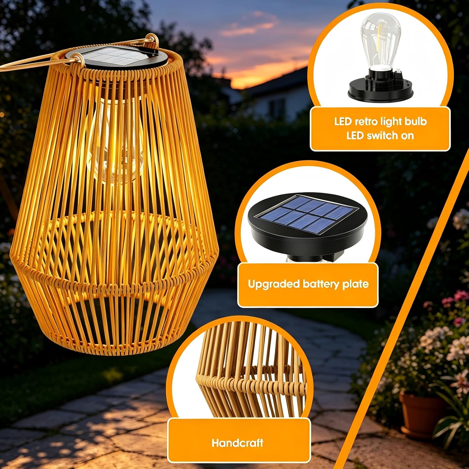 Solarlaternen für den Außenbereich, 2er-Pack, Solarlaternen im böhmischen Stil für den Außenbereich mit LED-Glühbirne, hängende/stehende handgewebte Solarlaternen für Terrasse, Garten, Innenhof, Balkon, dekoratives Geschenk – Bild 2