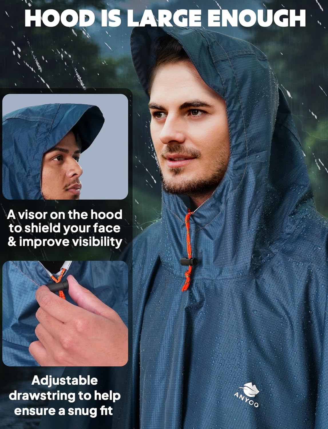 ANYOO Leichte, wasserdichte Regenjacke, wiederverwendbar, Ripstop, atmungsaktiv, Mehrzweck-Regenmantel mit Kapuze, faltbare Schutzdecke, Schutzplane, ideal für draußen, Camping, Wandern, Angeln – Bild 4
