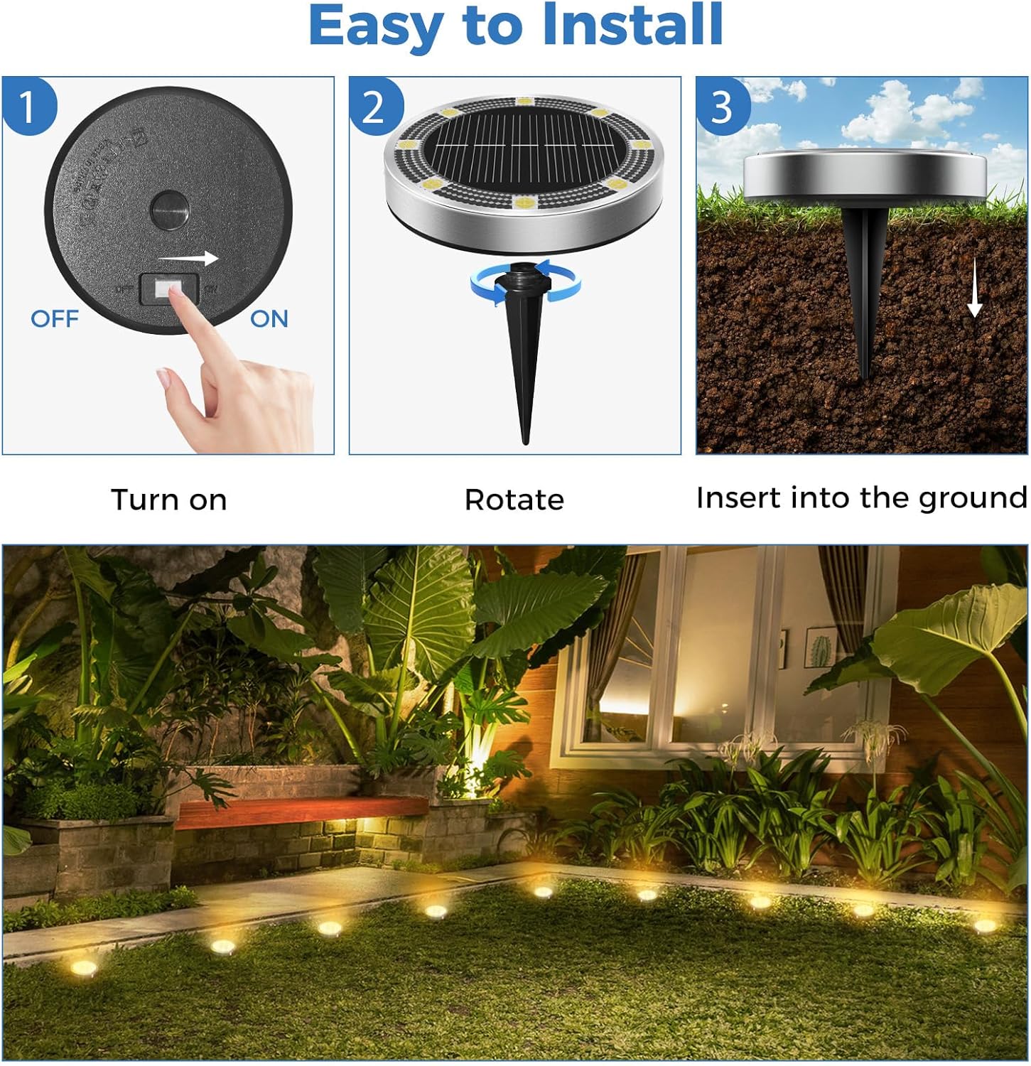 Peasur 6 Stück Solar-Bodenleuchten für den Außenbereich, 8 LED-Solarleuchten für den Außenbereich, Garten, wetterfeste Solarleuchten, Gartenbeleuchtung für Boden, Weg, Rasen, Gehweg, Warmweiß – Bild 4
