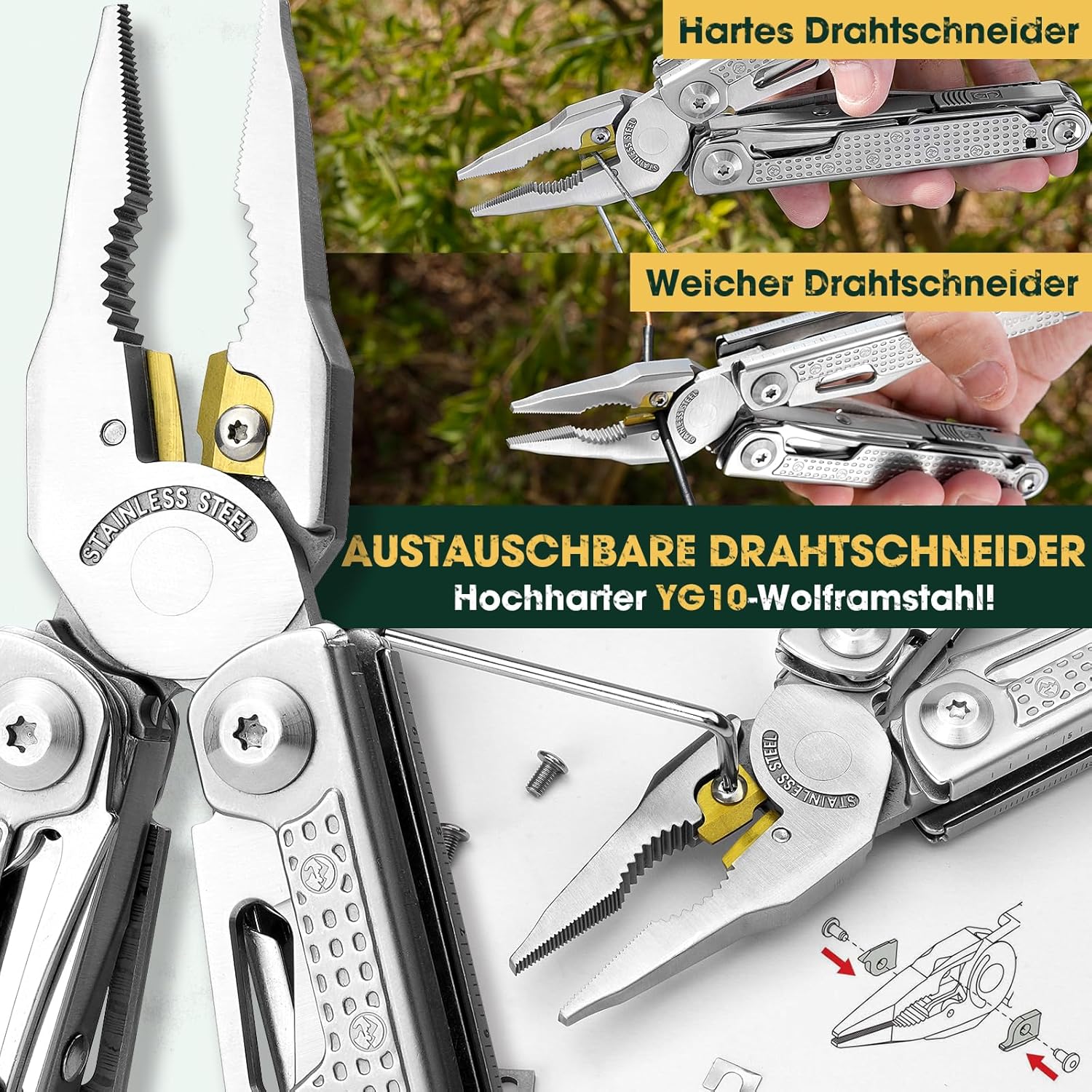 Multper Multitool-Werkzeug, Geschenke für Männer, verbessertes Multitool aus Edelstahl, faltbar mit Damastmesser, Drahtschneider und Schraubendreher-Set, Multifunktionszange für Outdoor und Camping – Bild 3