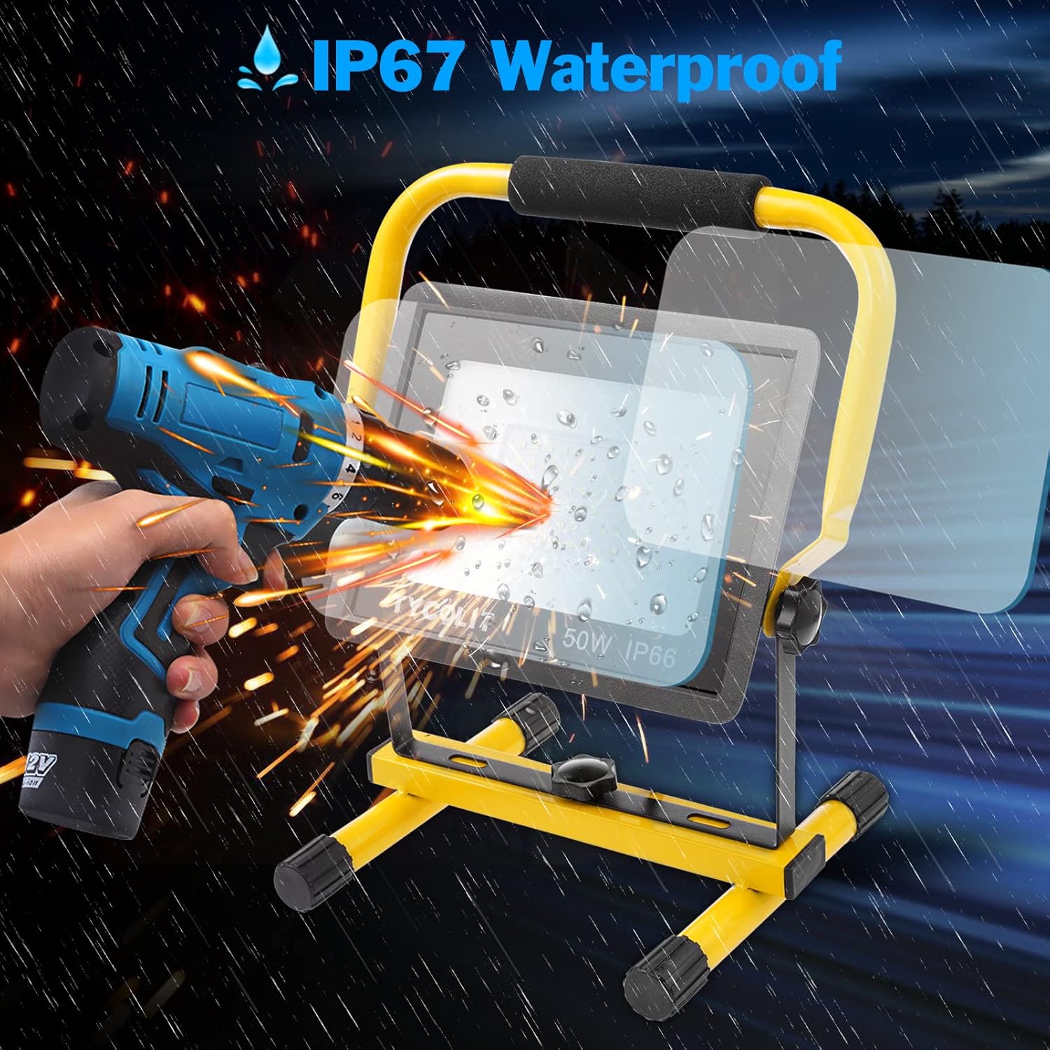 LED Baustrahler, 100W 10000LM Arbeitsleuchte, 6500K Kaltweiß Baustellenlampe mit Stecker, IP66 Wasserdichter LED Strahler, 3m Kabel Baulampe, Flutlicht, Arbeitsleuchte für Werkstatt, Baustelle, Garage – Bild 4