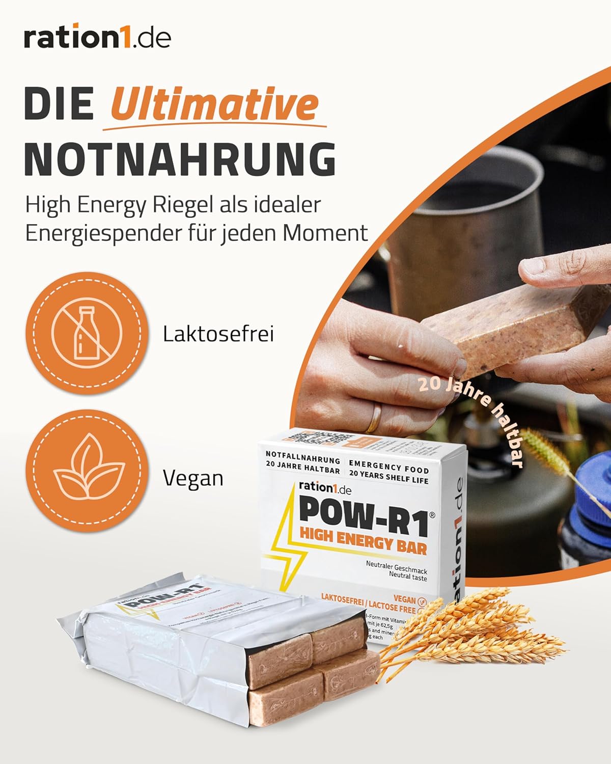 ration1 High Energy Bar, 48 x POW-R1 Energieriegel, 250 g, 4 einzeln verpackte Energieriegel pro Packung, Notfallnahrung, langlebig, Trekkingnahrung, Survival-Pack, 20 Jahre haltbar, Outdoor, Wandern – Bild 2