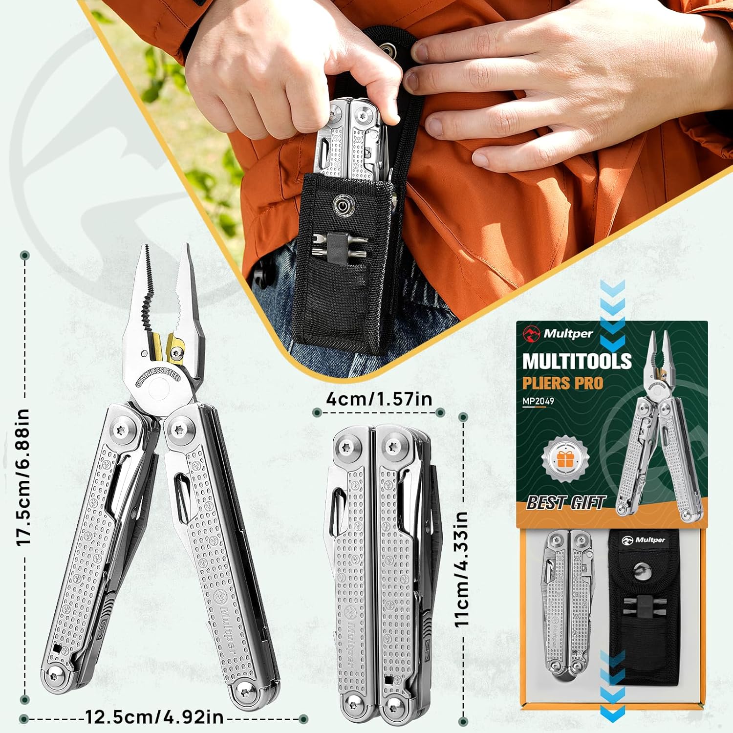 Multper Multitool-Werkzeug, Geschenke für Männer, verbessertes Multitool aus Edelstahl, faltbar mit Damastmesser, Drahtschneider und Schraubendreher-Set, Multifunktionszange für Outdoor und Camping – Bild 8