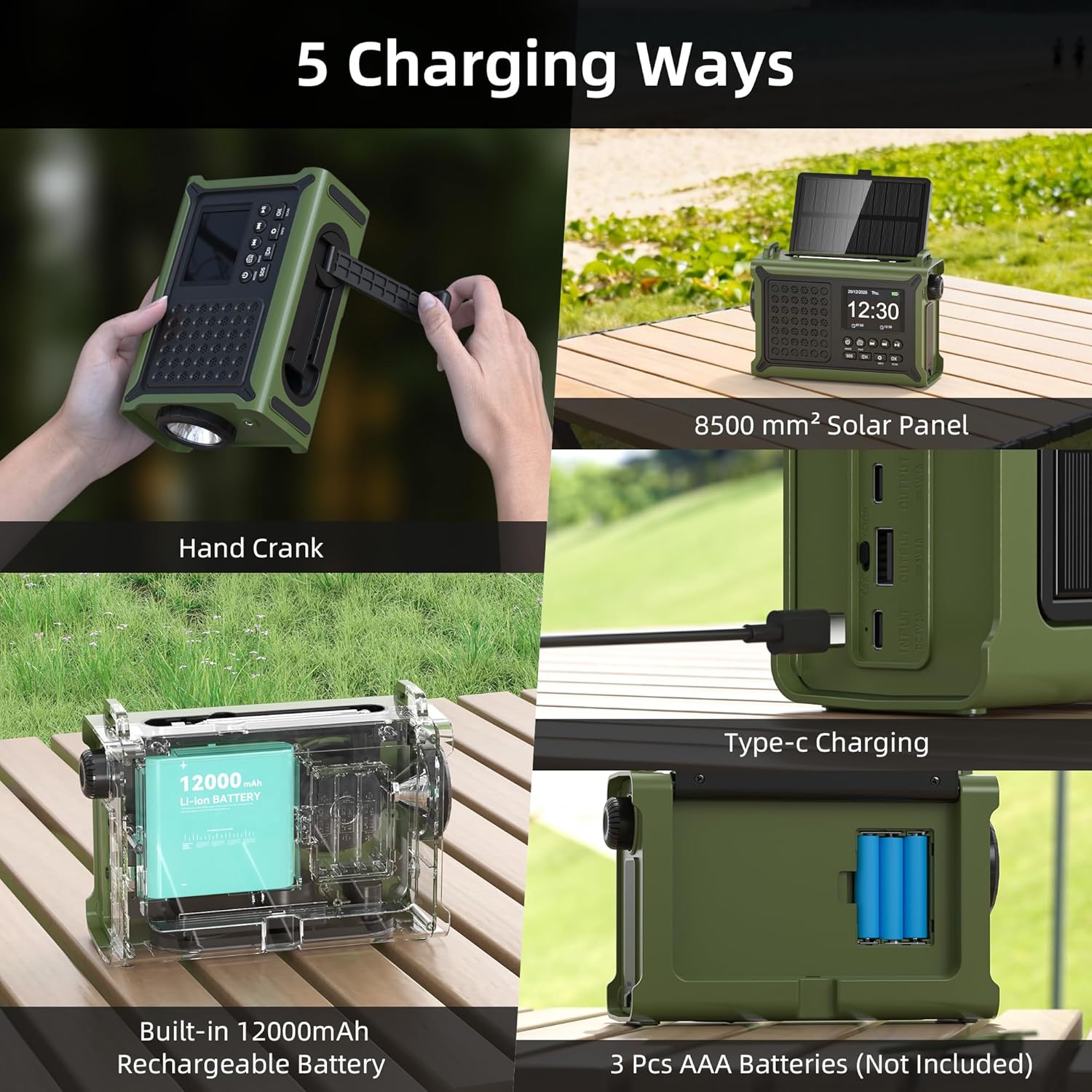 Kurbelradio DAB/DAB+/FM mit 12000 mAh Akku, Notfallradio mit 8500 mm² Solarpanel, Handkurbel-Blackout-Notfallausrüstung, Digitalradio mit Bluetooth 5.0, Taschenlampe & Leselampe für Outdoor, Camping – Bild 8