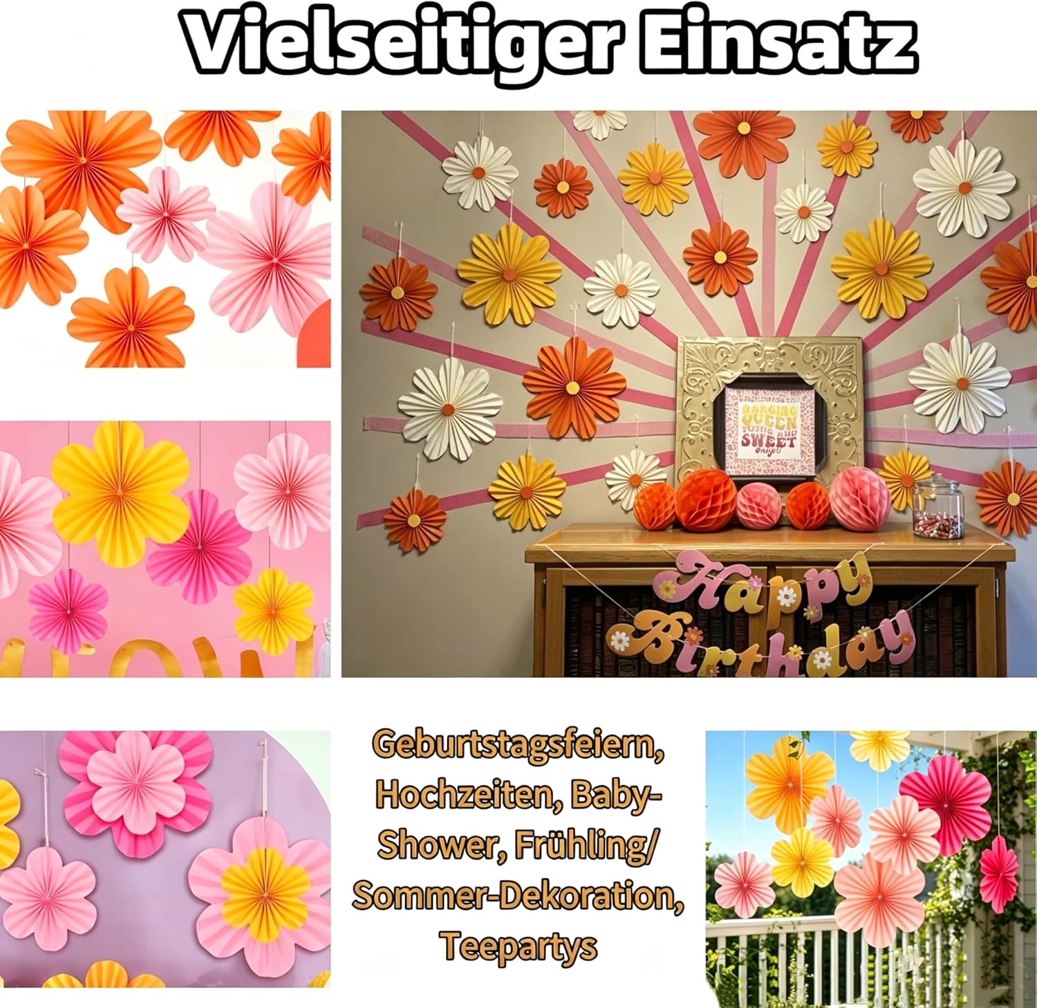 9 Stück Papierfächer Dekoration Papierblumen zum Aufhängen Rosa Blumen Papier Party Deko Set für Hochzeit Geburtstag Tischdeko Klassenzimmer Babyparty Fasching Deko – Bild 4