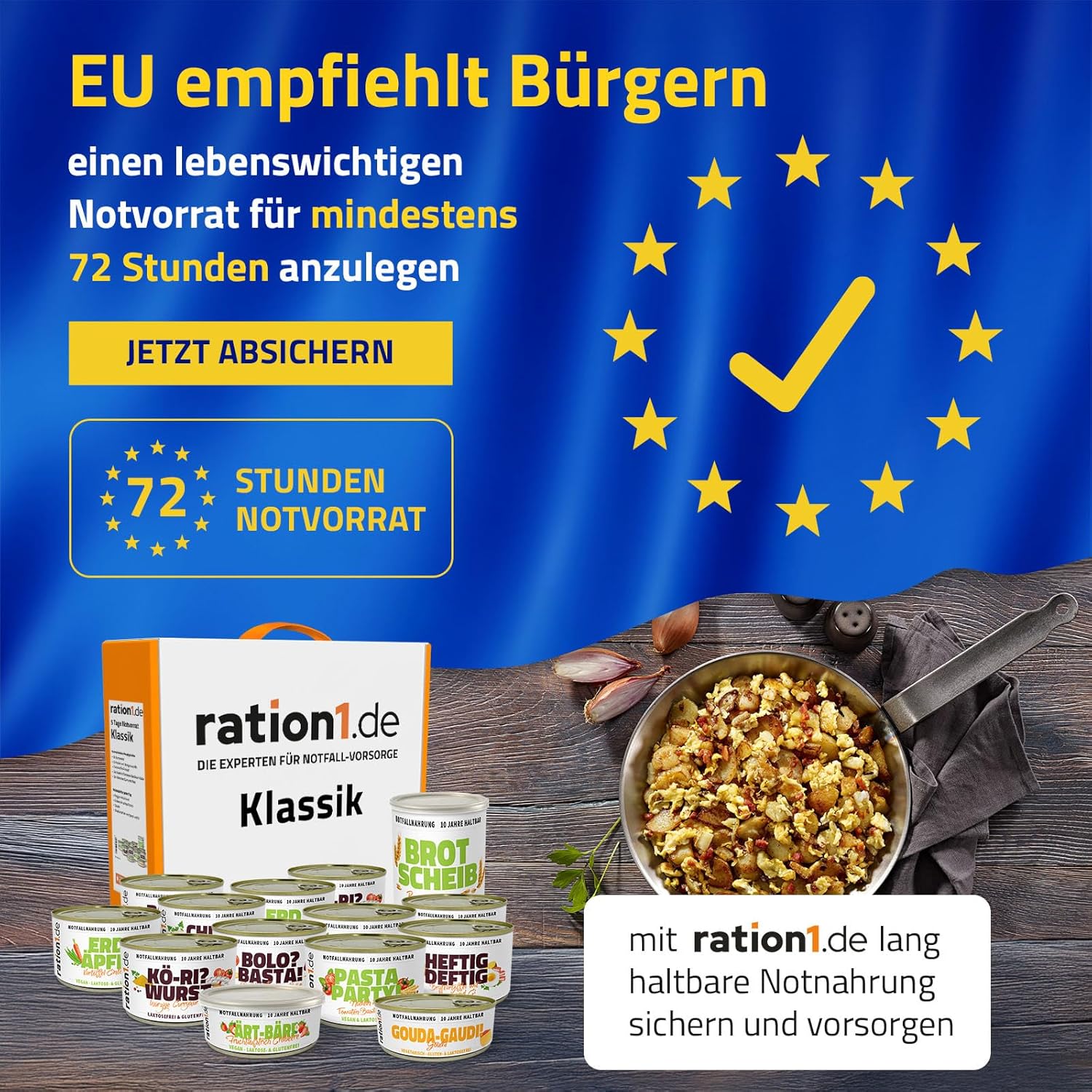 ration1 Notration Fertignahrung, Notnahrung 10 Jahre haltbar, Nudeln, Currywurst, Kartoffeln, Hühnercurry, Brot, Gouda, Erdbeere, Notnahrung, Outdoor, Camping, Trekking, Survival – Bild 4