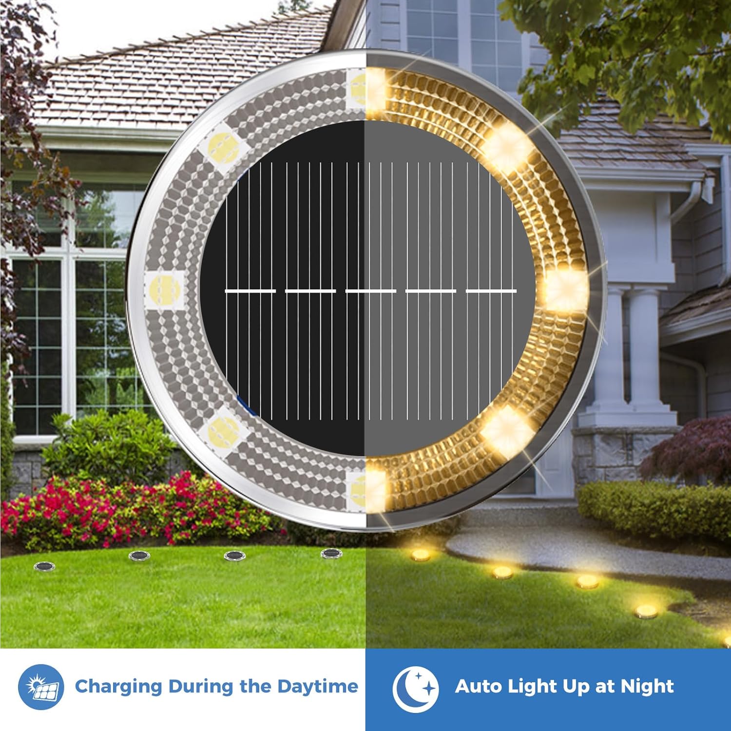 Peasur 6 Stück Solar-Bodenleuchten für den Außenbereich, 8 LED-Solarleuchten für den Außenbereich, Garten, wetterfeste Solarleuchten, Gartenbeleuchtung für Boden, Weg, Rasen, Gehweg, Warmweiß – Bild 2