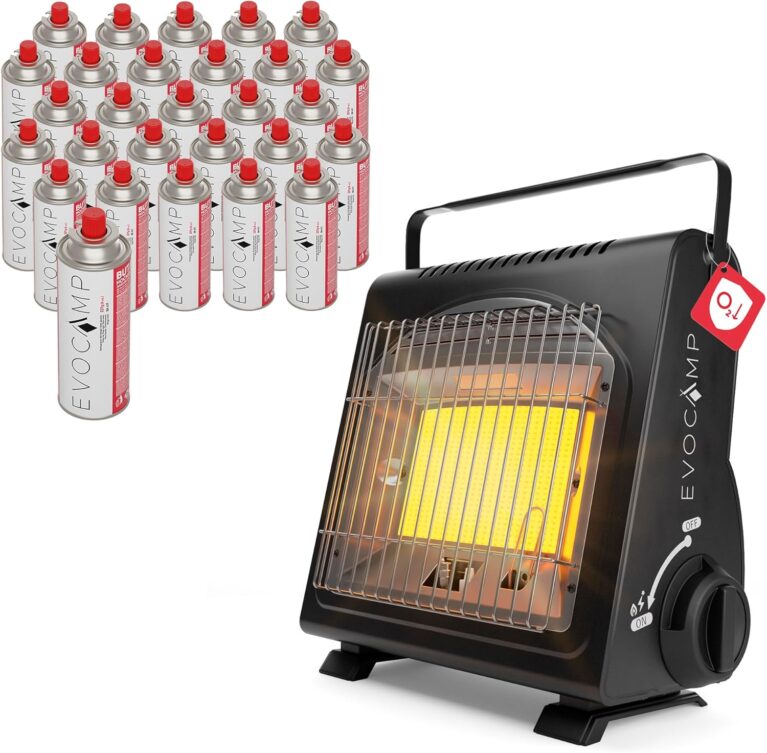 EVOCAMP Tragbarer Gasheizer, Campingheizer 1,7 kW, multifunktionaler Keramikheizer, perfekter Gasheizer für den Innen- und Außenbereich mit ODS (Sauerstoffmangelschutz (+ 28 Gaskartuschen))