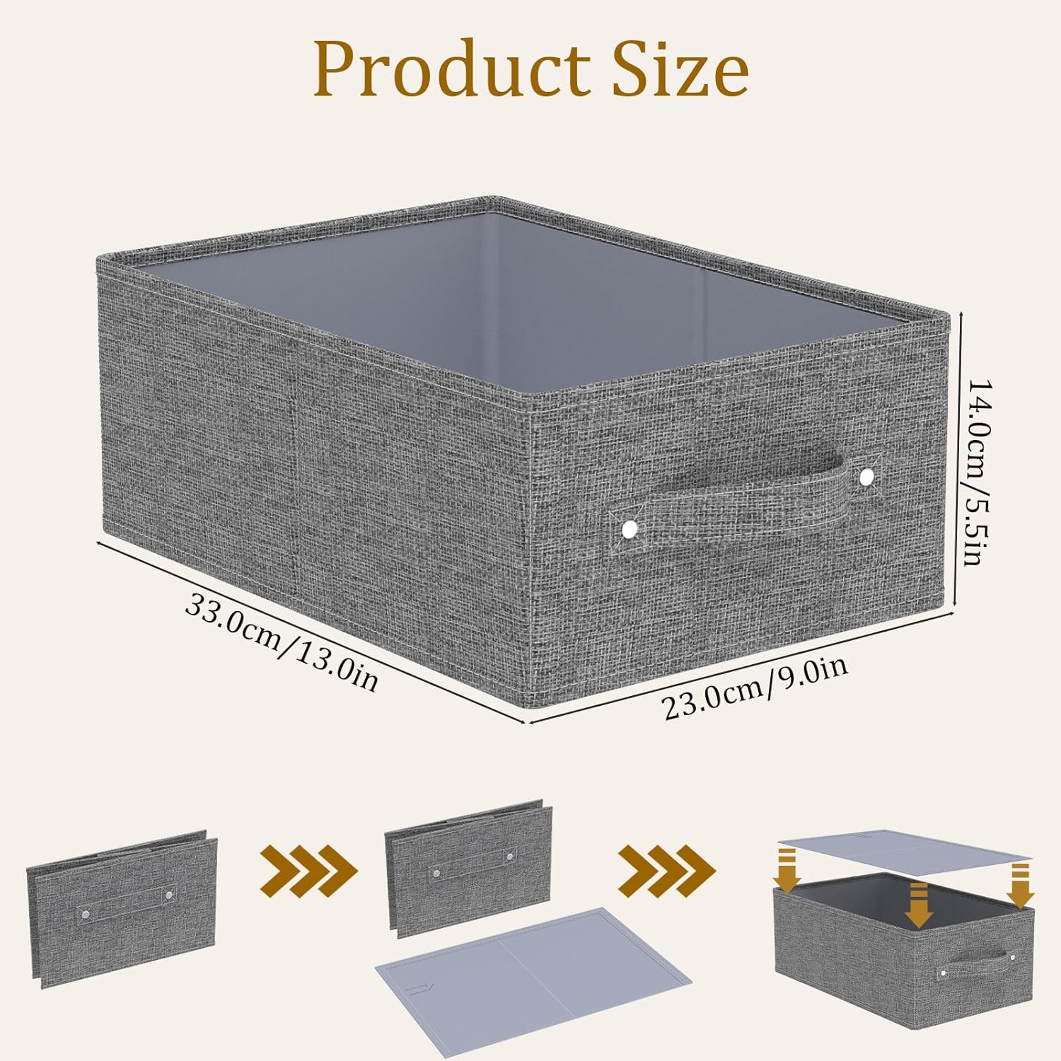 2 Stück Aufbewahrungskörbe für Regale, faltbare Stoff-Aufbewahrungsbox aus Leinen, Schubladen-Organizer-Box mit Griffen für Schrank, offene Stoffbehälter, 33 x 23 x 14 cm, grau – Bild 7
