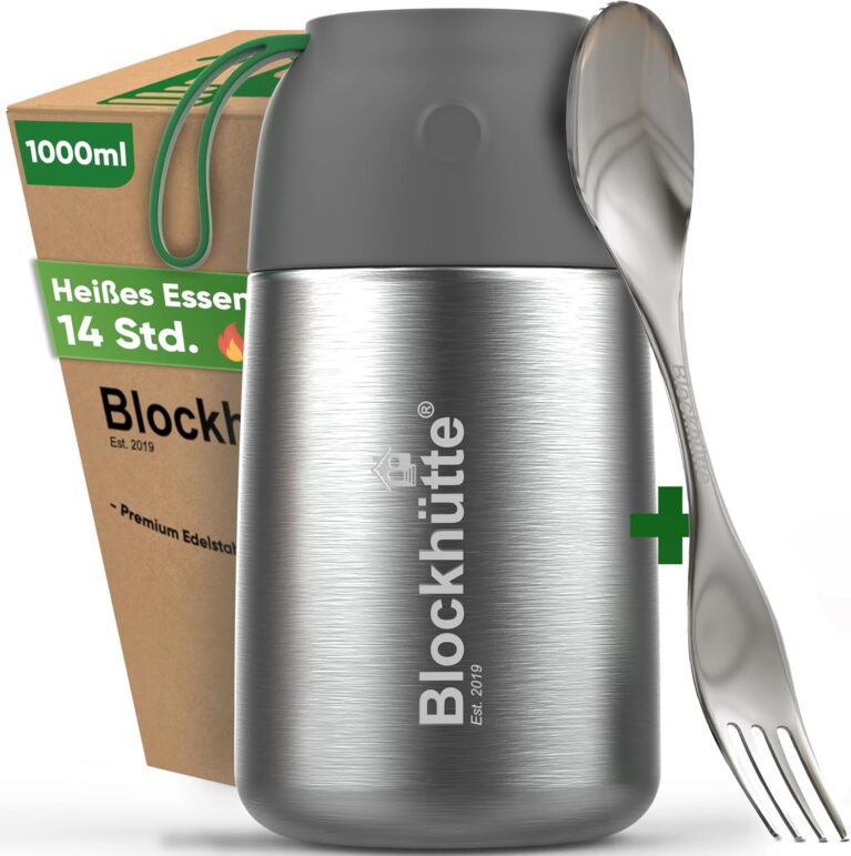 Blockhütte Thermo-Speisebehälter 1 Liter aus Edelstahl, Warmhaltebehälter mit Reinigungsbürste, Warmhalteschale mit doppelwandiger Isolierung, Thermo-Brotdose für Erwachsene