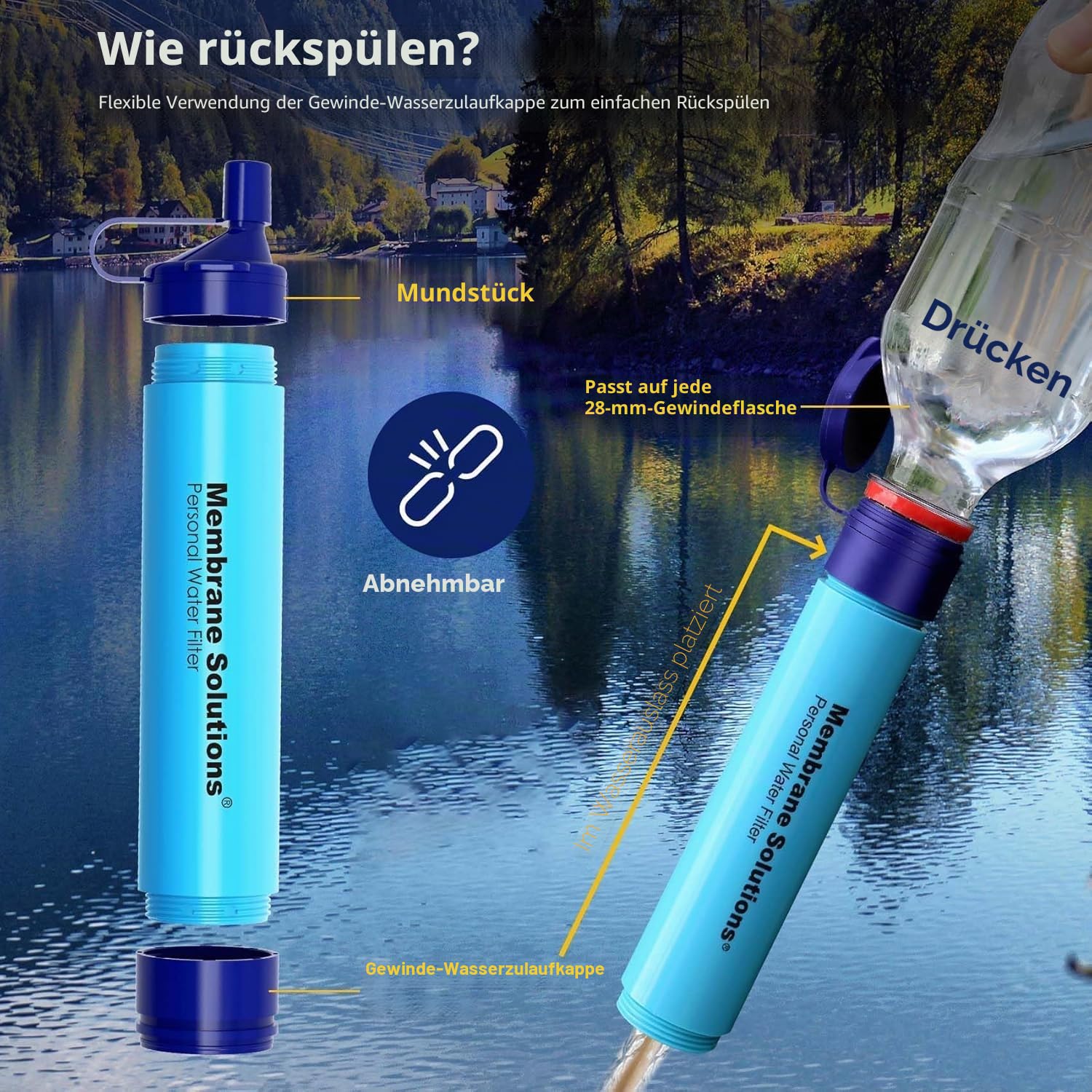 Membrane Solutions Tragbarer Stroh-Wasserfilter und Überlebensausrüstung für Wandern, Camping, Reisen und Notfall, blau, 4er-Pack – Bild 6