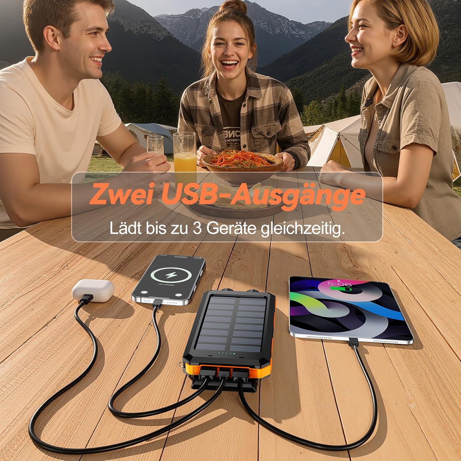 Vikeri Solar Power Bank 26800 mAh, Powerbank Solar Wasserdicht USB C Externer Akku mit 4 Ausgängen, Powerbank für Smartphones, Tablets und mehr (Dunkelorange) – Bild 4