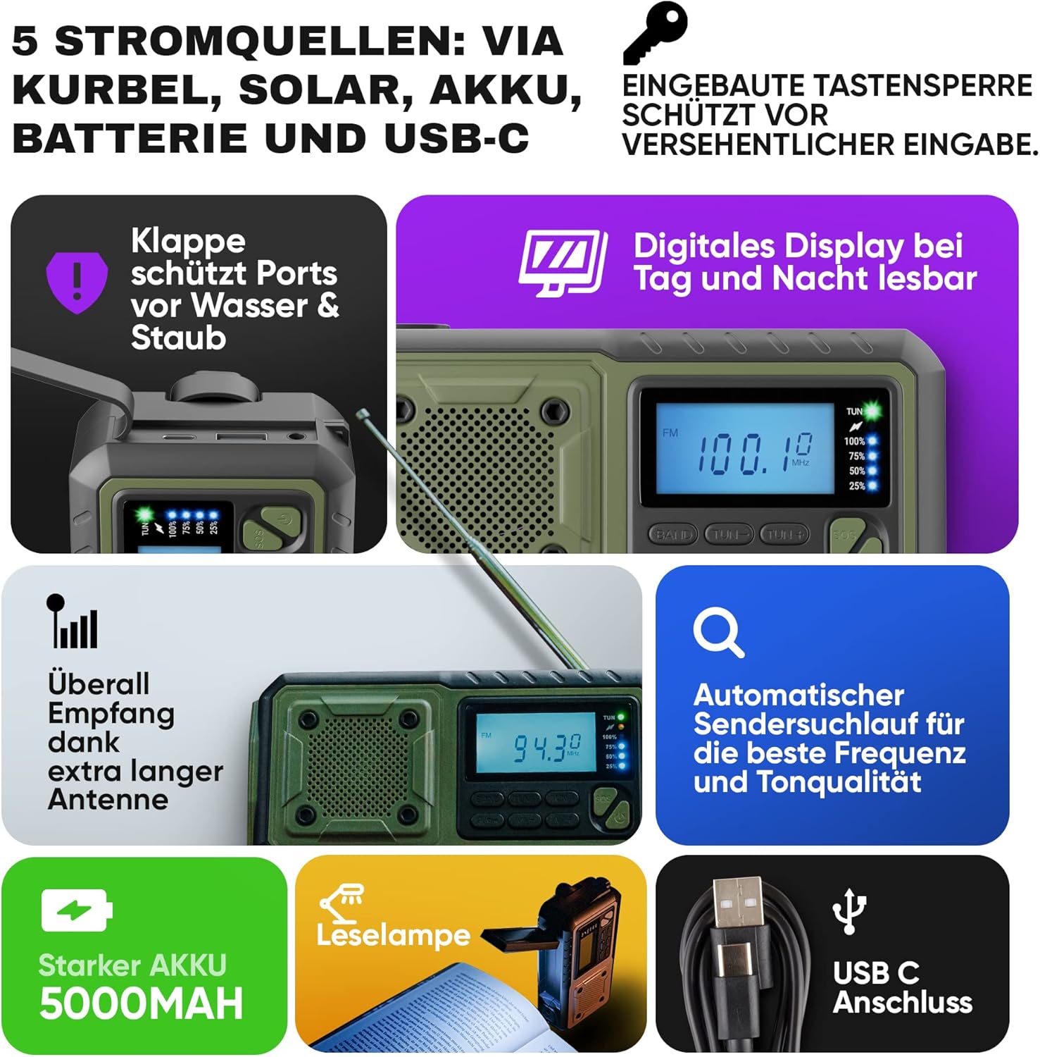 Kurbelradio, Notfallradio mit Kurbel & 5.000 mAh Akku (Armeegrün) | AM/FM/SW USB-batteriebetriebene Notfallausrüstung für Stromausfälle, integrierte Taschenlampe, Handy-Ladegerät – Bild 3