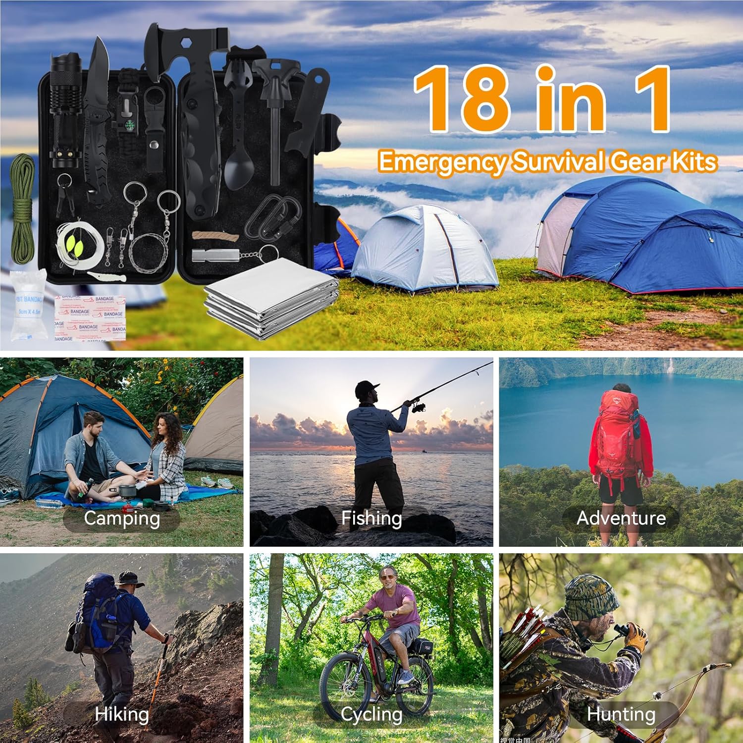 Survival Kit 18 in 1, Professionelles Notfallset Outdoor Home, Premium Set Messer Outdoor-Ausrüstung, Survival-Ausrüstung für Camping, Bushcraft, Wandern, Jagd, Abenteuer, Männer, Väter – Bild 8
