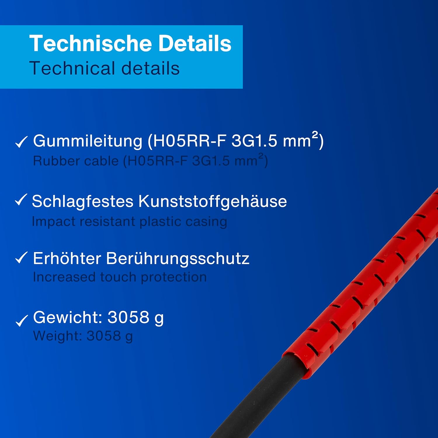REV H05RR-F Verlängerungskabel mit Kabelschutz, wasserdicht, 25 m, 3680 W, Schwarz – Bild 6